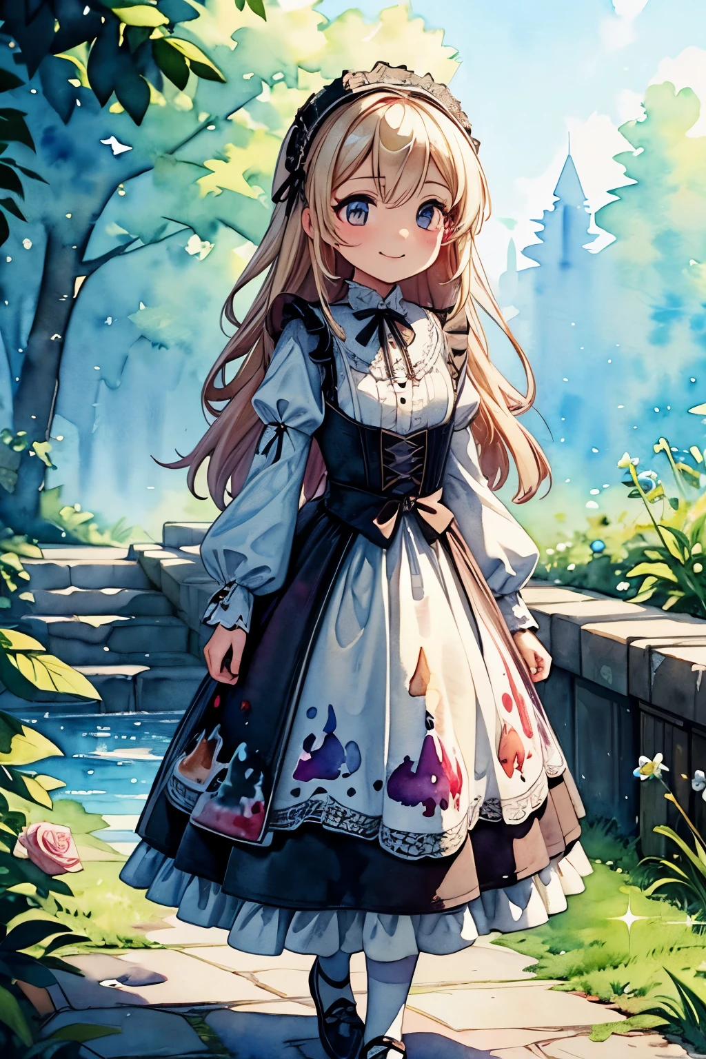 ((Masterpiece)), ((best quality)), (watercolor:1.5), (Professional Photography), (realistic:1.2), 8K, Textured skin, cinematic lighting, 1girl, ((Beautiful Gothic Lolita pure-white-Dresses)), (very hoop-dress), Luxury roses embroidery, cute innocent young girl, Slender and small breasts, (long silky blond hair), (gothic lolita makeup), beautiful hair, smile, (cute sparkle), Light particles, (walking on the riverside),