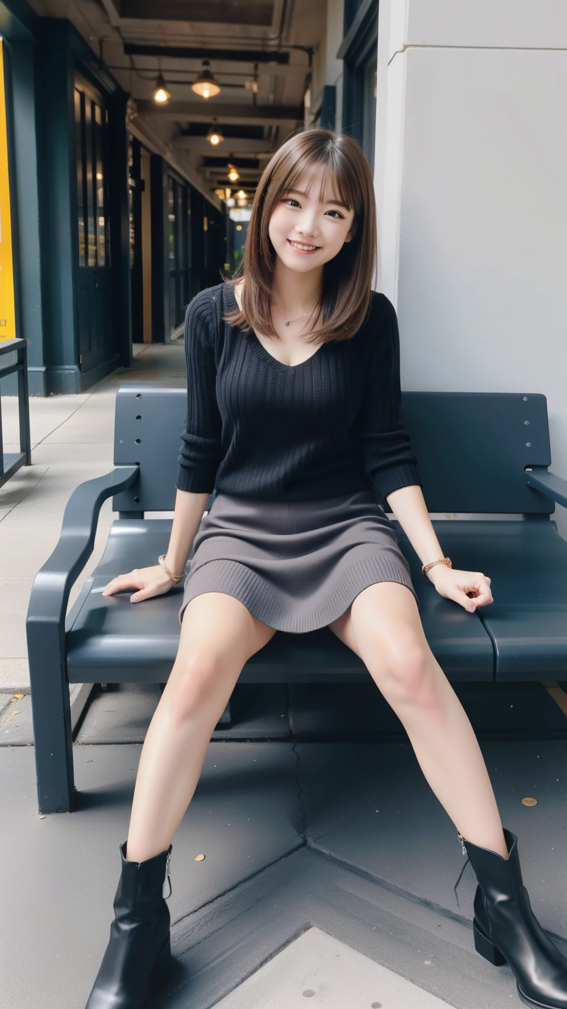 Photo taken by a professional photographer，laughter:1.5，Close-up of a woman squatting on the sidewalk, wearing a sweater, Short-cut brown hair, young and cute girl, Wearing a flared skirt，Wear stylish boots，sit on a park bench:1.5，Fancy makeup with red eyeshadow，