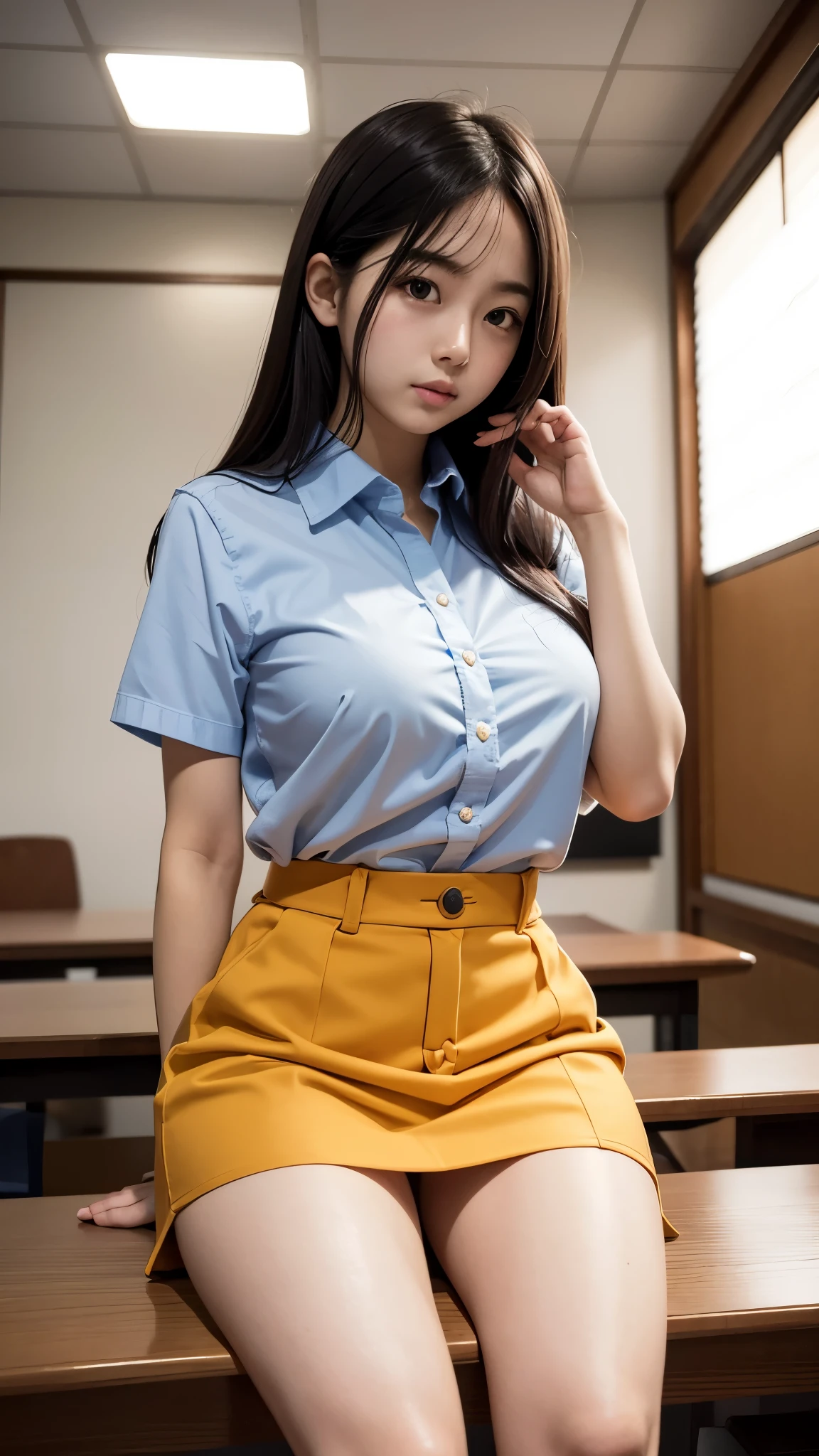 Uma linda mulher japonesa de 20 anos, uniform japanese , micro saia, mini saia, camisa curta e decotada, decote, camisa curta, camisa apertada, saia plissada preta curta, olhar sexy, sala de aula, sentada na mesa, hand on thigh, lifting her skirt with her hand, seios grandes, coxas grossas, corpo perfeito, cintura magra, cabelo curto e lindo, delineador nos olhos, poses de envergonhada, roupa com decote, seios,decote,roupa curta, nsfw