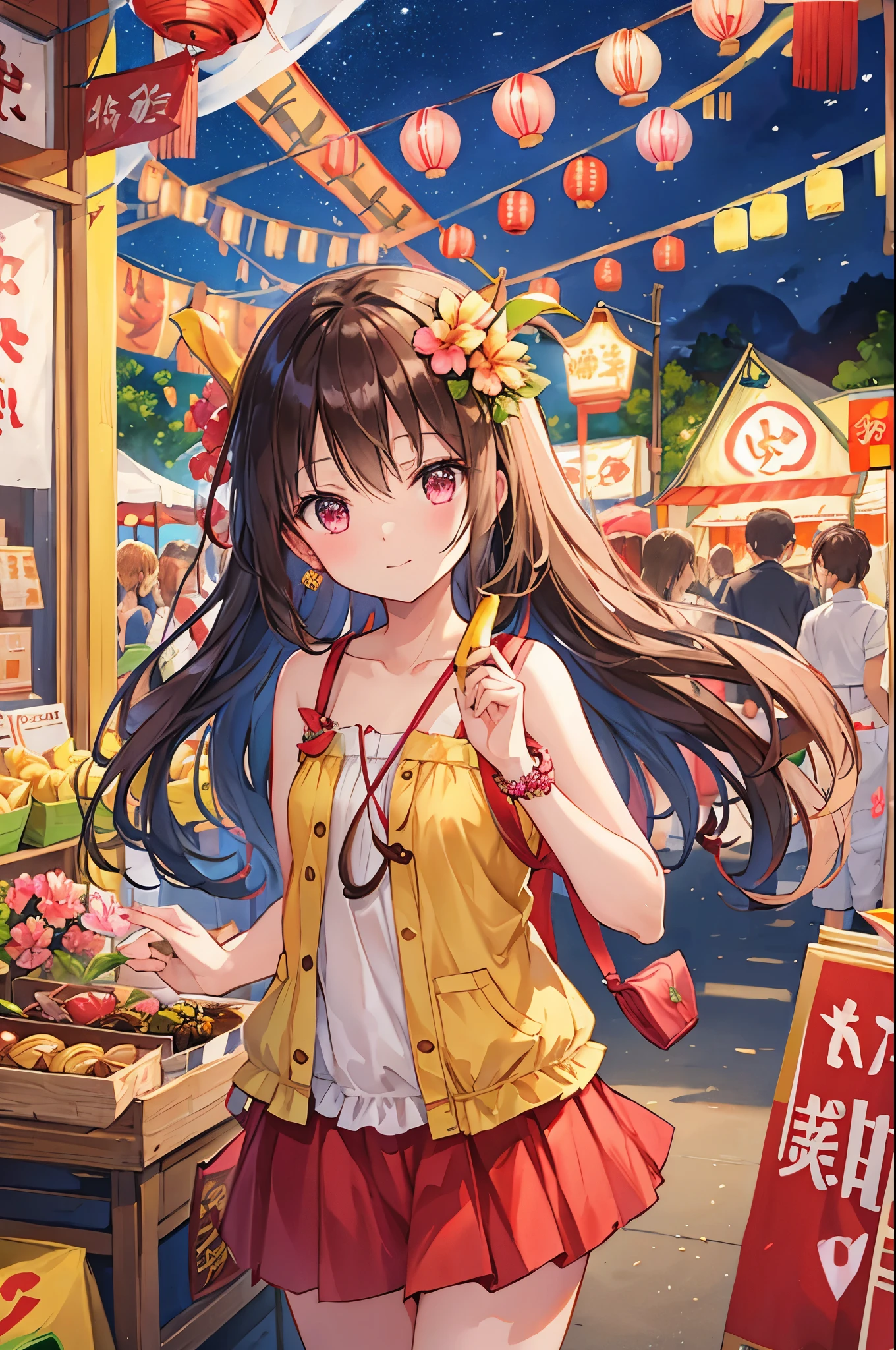 Summer festival、night、Chocolate Banana、stall、paper lanterns、Store、see the beholder、Reach out to the viewer、
