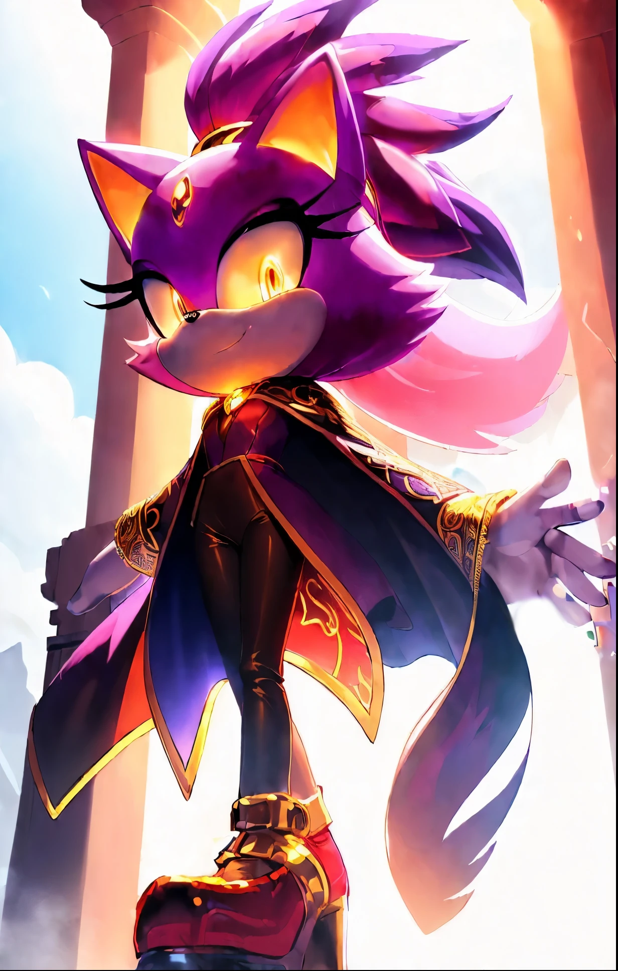 (High Quality. best quality, masterpiece: 1.8) Cat Mobian. Anthropomorphic Cat. Blaze The Cat. Royal Shoes. Small heels. Black, golden, red