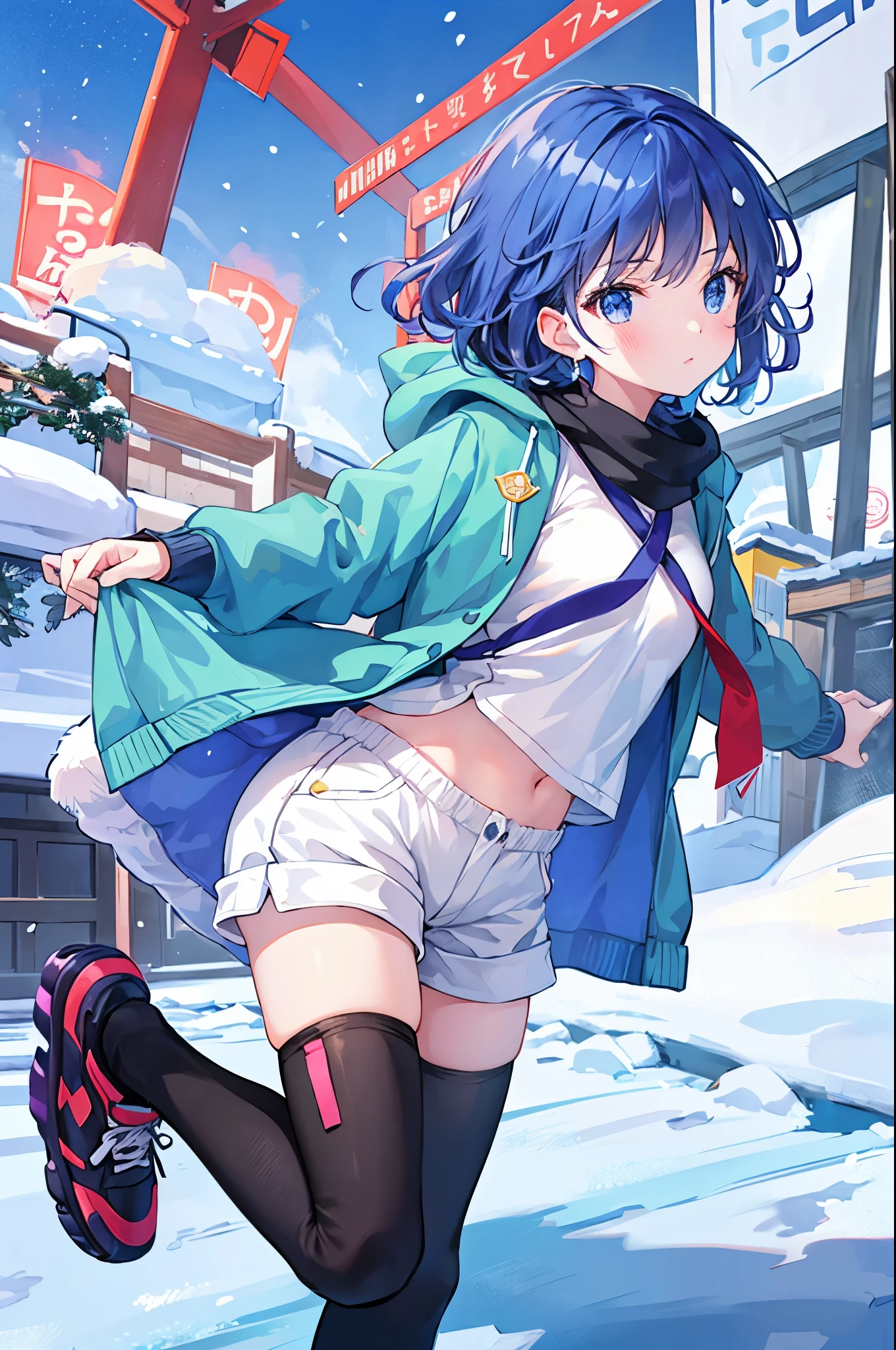 A lively, active, and somewhat endearing girl with a strong will.、shorts、short pants、snow、snow、snowの降る日