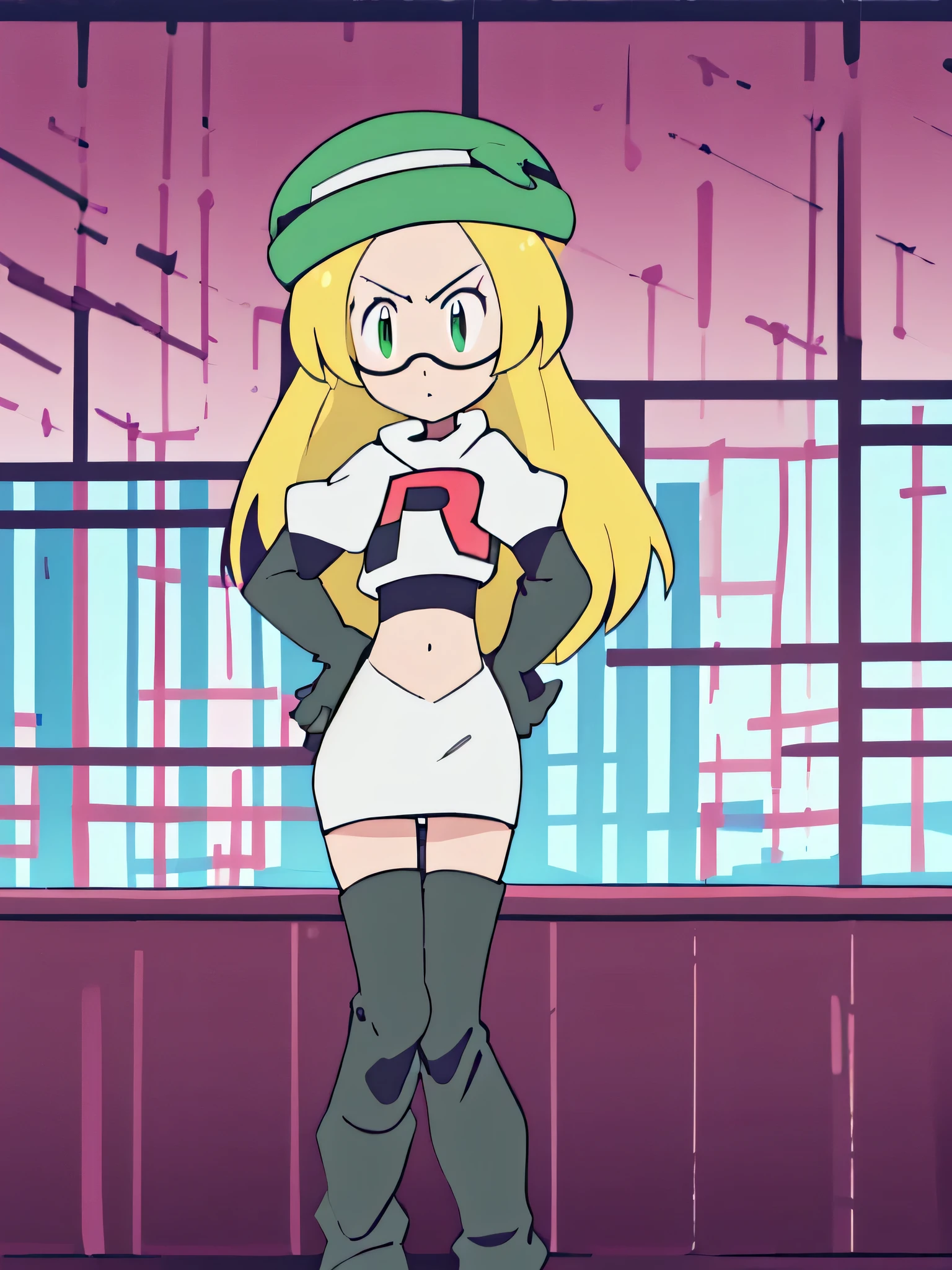team rocket uniform, red letter r, white skirt, white crop top, black thigh-high boots, black elbow gloves, glaring angrily, looking at viewer, hands on hips, zettai ryouiki, Bianca. green hat, glasses