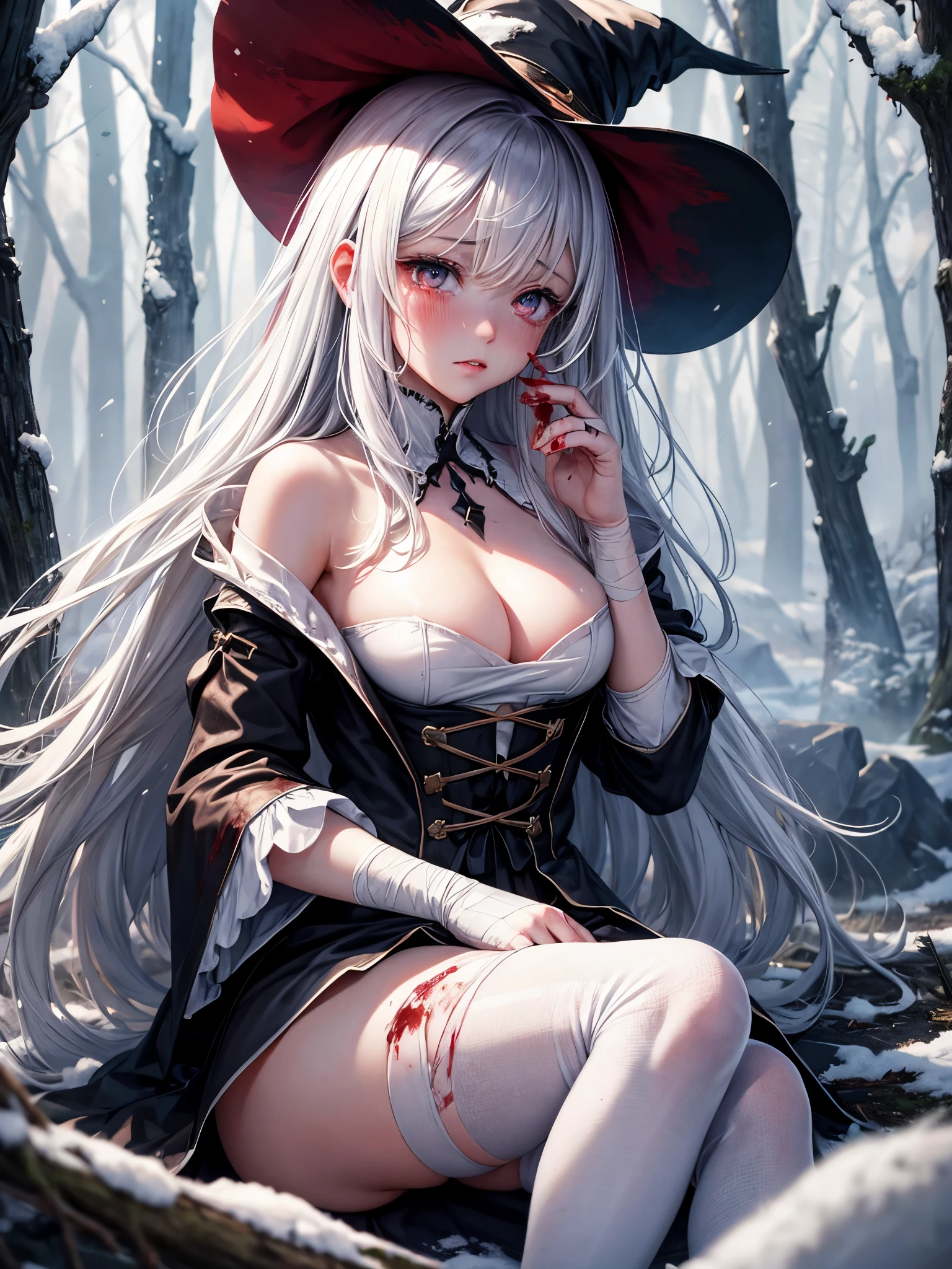 Young woman, witch, white costume, stockings, lots of injures covered with bandages, ((blood)), masterpiece, realistic, 8k, greatest quality, (torn clothes), decollete, blush, sad, crying, snowy forest on background, blizzard, white hair.