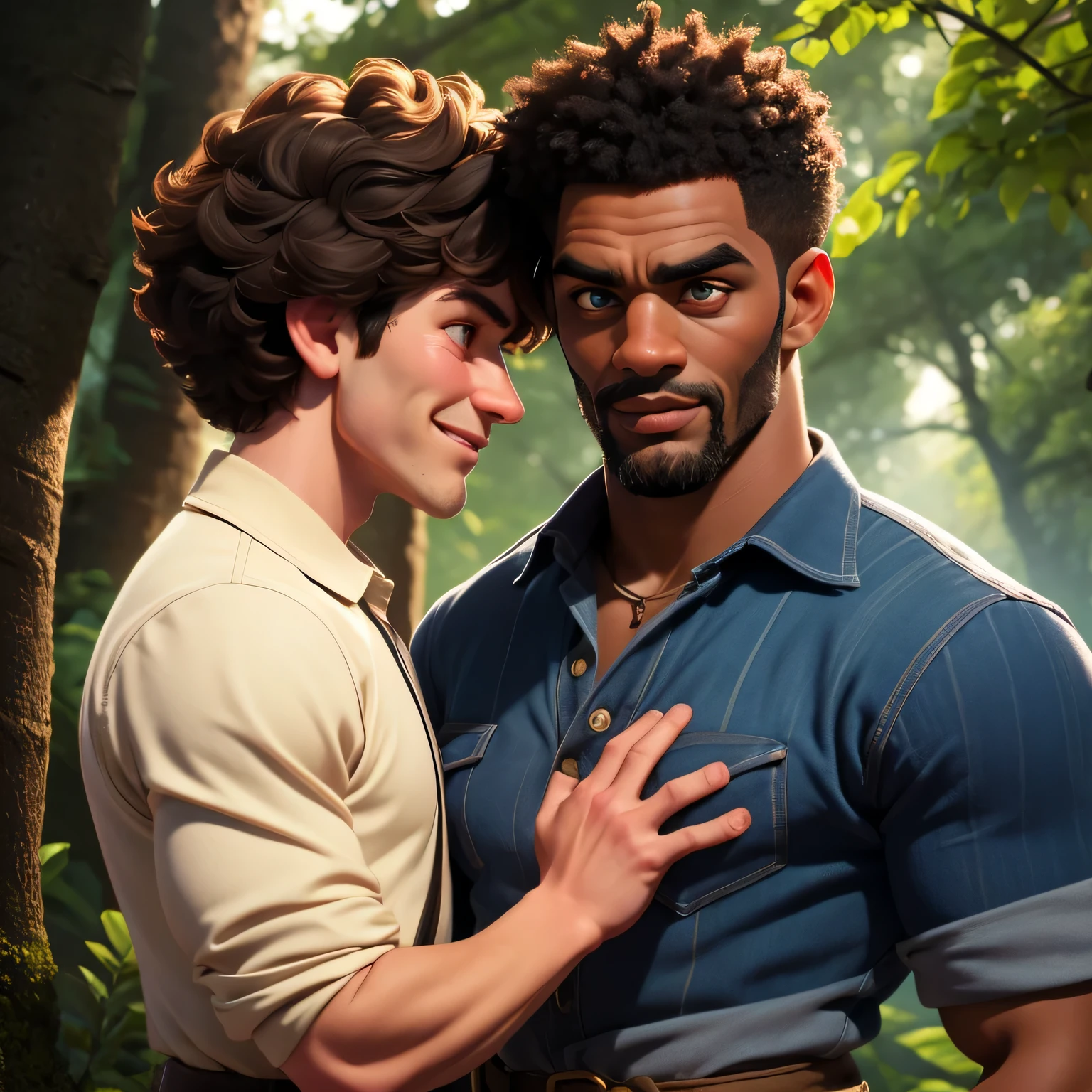 Michael Fassbender and Idris Elba (afro) standing face to face in a forest, lumberjack uniforms, kind eyes, smiling, happy blushing, v-shaped upper-bodies, thin lips, strong jawlines, muscular chests, big arms, (gay, homoerotic, homosexual), (cinematic movie-poster), big muscles, interracial, close-up, cinematic lighting, 16k, 1080P, HD, 16k, 1080P, HD, highres, best quality, super detail, anatomically correct, high quality