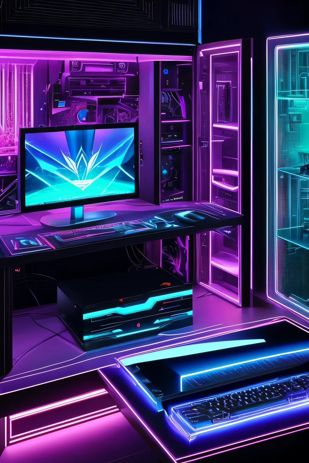 A mesmerizing, hyper-realistic masterpiece of a PC gamer cabinet, gleaming with intricate details, illuminated by ethereal neon lighting from within. The cabinet's sleek, angular design is reminiscent of a futuristic battleship, with its glossy black surface reflecting the dynamic, pixelated visuals of the games it houses. The cabinet's doors are adorned with reflective, knife-edged lines and seamless transitions, creating an illusion of depth and dimension. The peripherals, such as the keyboard, mouse, and joystick, are depicted with meticulous attention to detail, their contours and textures accentuated to perfection. The