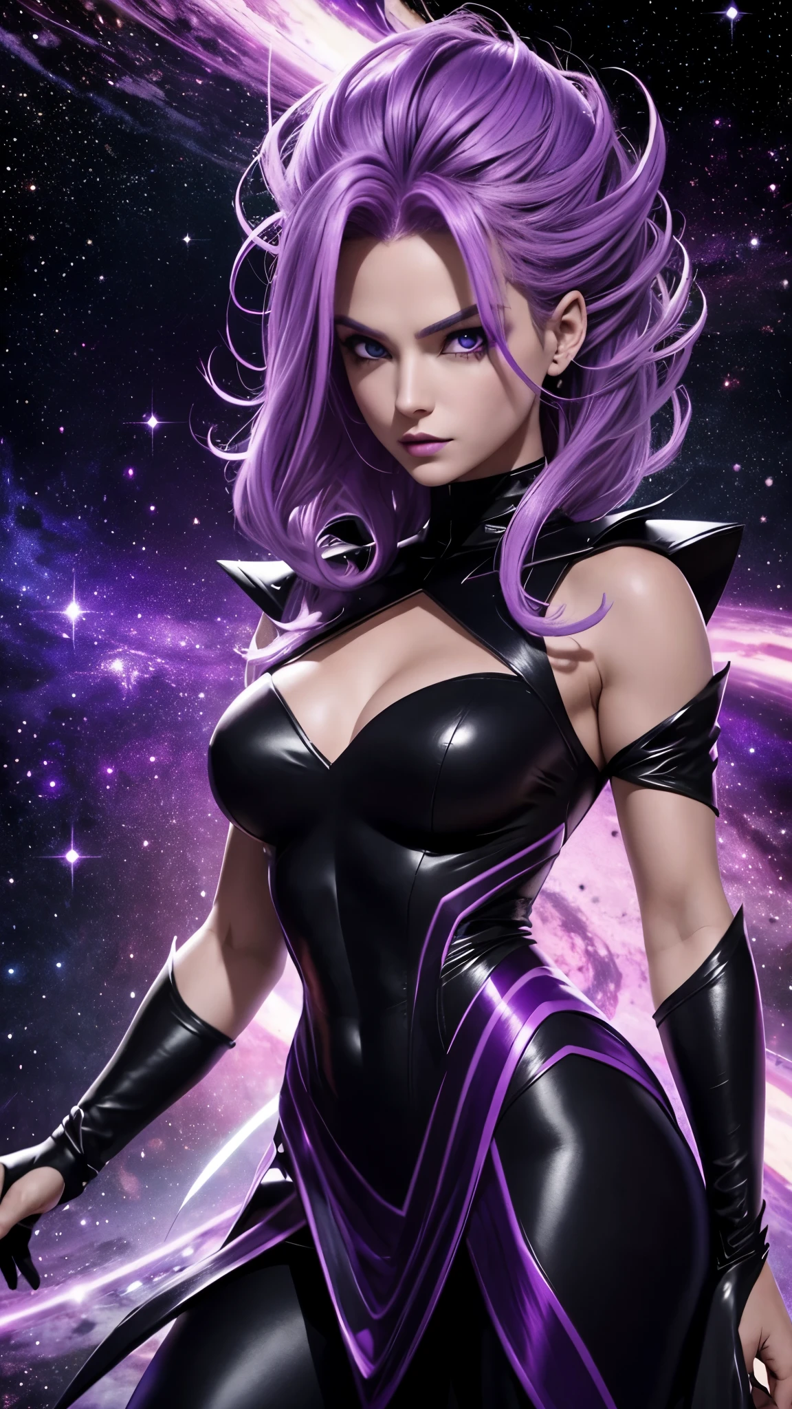 Uma daphne dark super saiyajin com cabelos roxo e com olhos brilhando roxo segurando uma galaxia