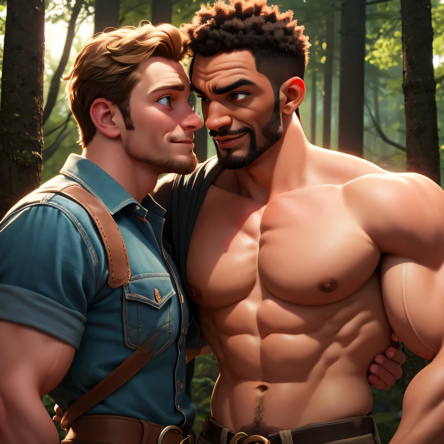 Michael Fassbender and Idris Elba (afro) standing face to face in a forest, lumberjack uniforms, kind eyes, smiling, happy blushing, v-shaped upper-bodies, thin lips, strong jawlines, muscular chests, big arms, (gay, homoerotic, homosexual), (cinematic movie-poster), big muscles, interracial, close-up, cinematic lighting, 16k, 1080P, HD, 16k, 1080P, HD, highres, best quality, super detail, anatomically correct, high quality