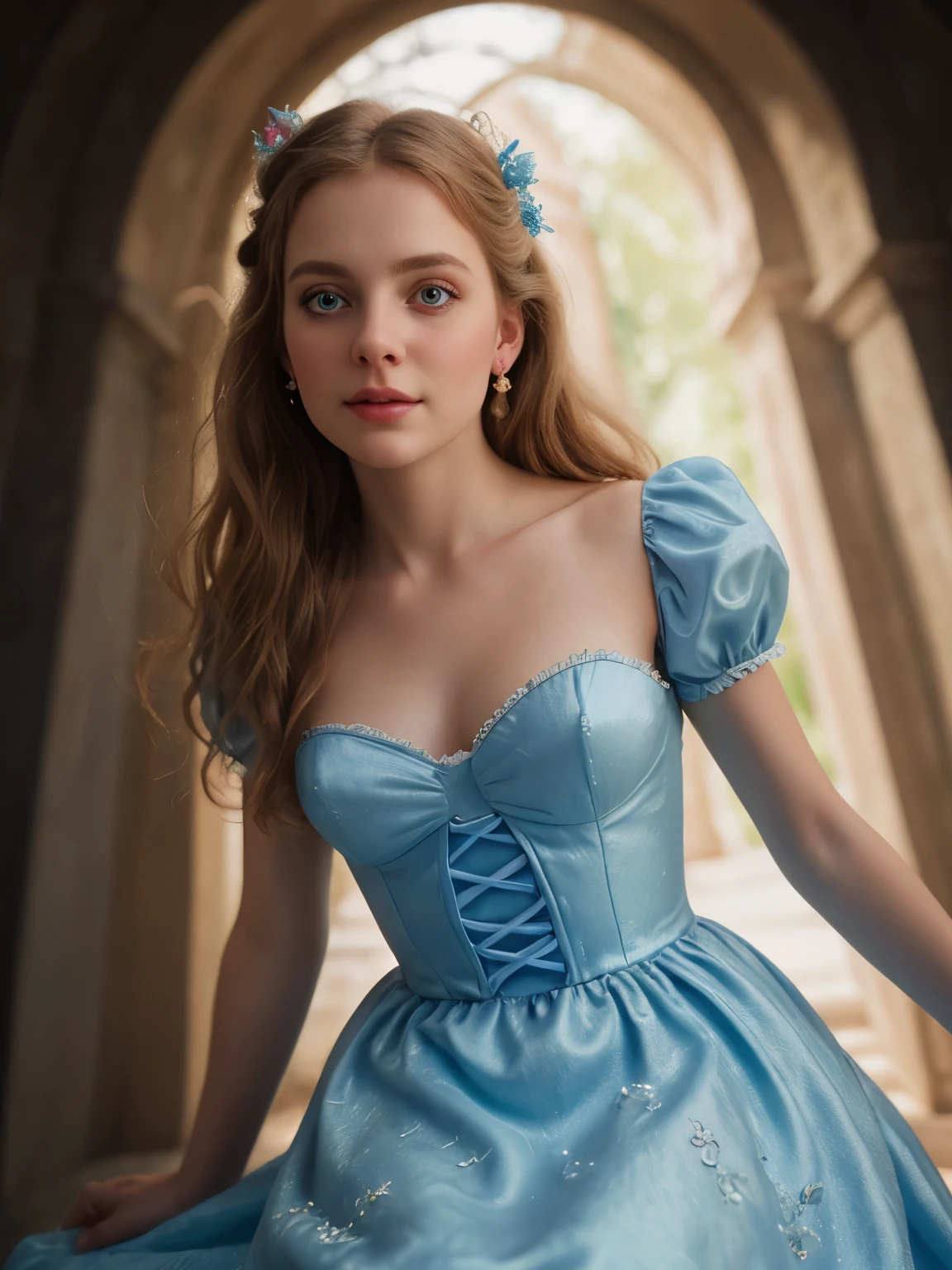 (Realistic:1.2), Photorealistic, Alice in Wonderland, view from bottom, cute sexy, small blue dress, cinematic lighting, ethereal light, complex parts, extremely detailed, full color, surrealistic detailed fairytale background, rich colors, cinematic, detailed beautiful eyes and perfect face, anslog photo style, depth of field, bokeh, 16k best quality