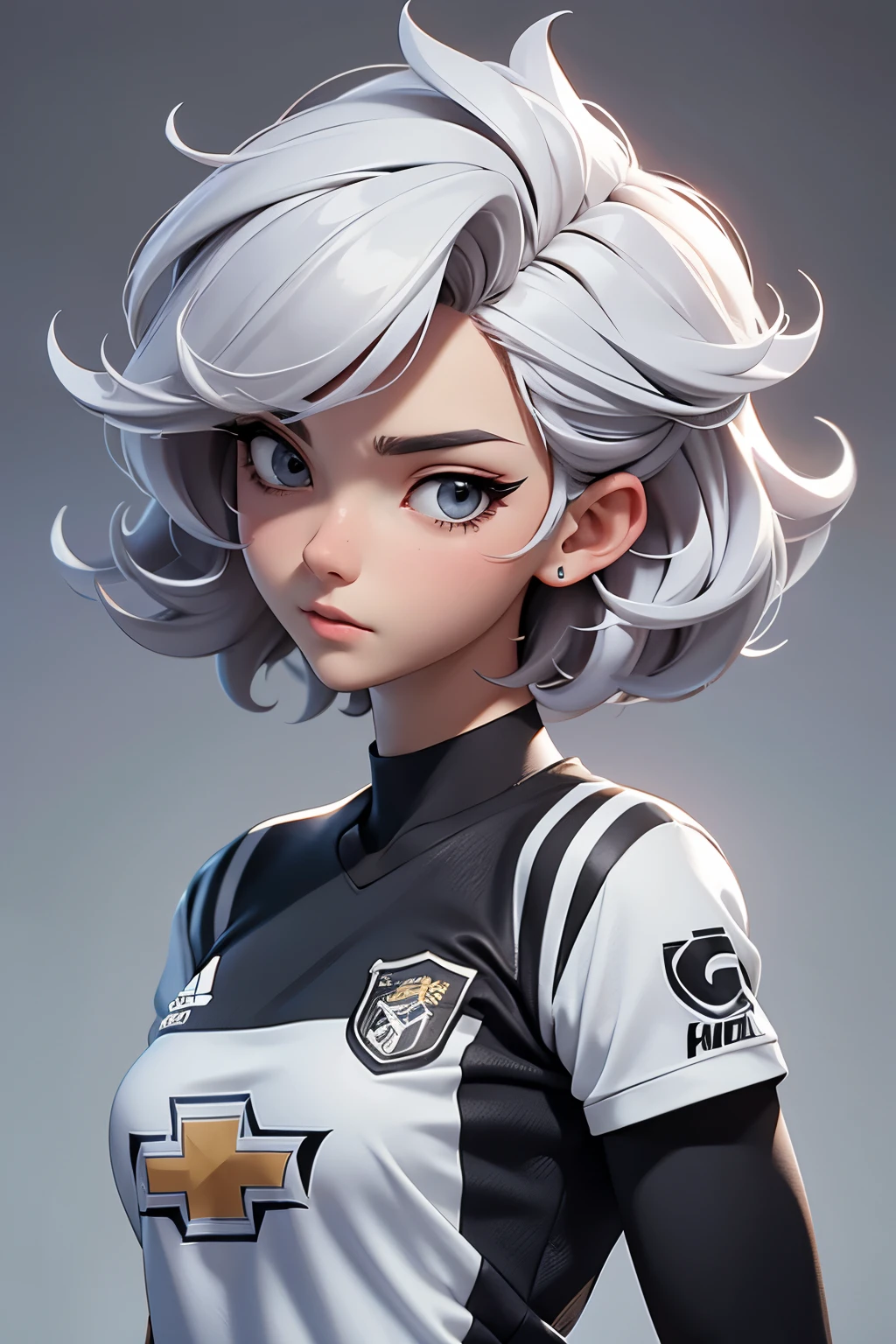 South korean movie actress :Football player , football team name : manchester united, 1girl, beautiful face, muscular slender body, hair color : gray white, hair style : very short hair Tapered With Fade And Textured Curls, 21 year old, anime style background , full body focus, well detailed, high resolution 8k, age:23, jersey t-shirt color : white & black , background : anime style news postor, full body focus, skin colour : brown,
