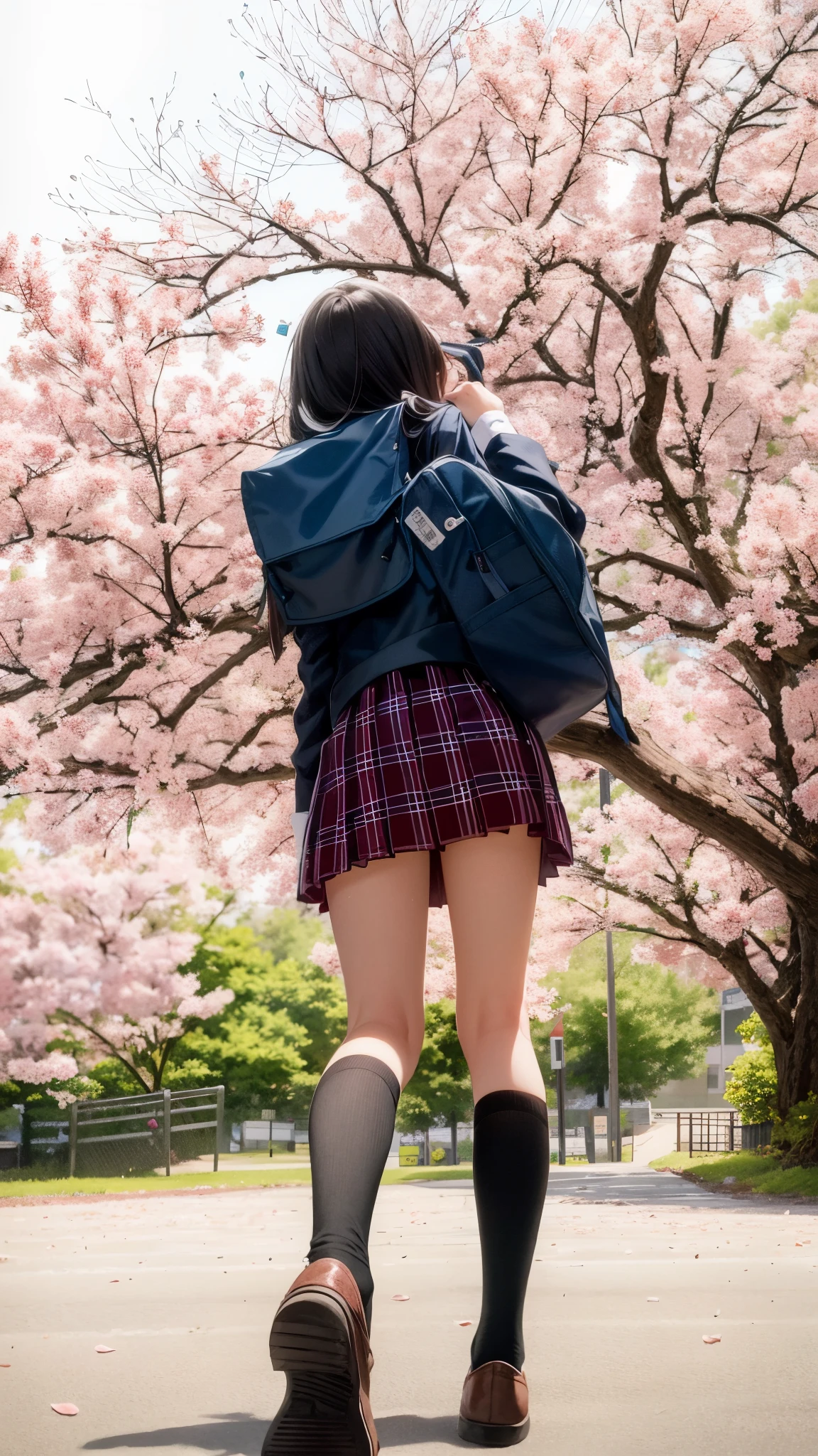 Photo taken by a professional photographer,arafed woman in a school uniform walking down a street, Photo of high school girl posing, wearing japanese school uniform, japanese school uniform, japanese girl uniform, a surreal high school girl, seifuku, she is wearing a skirt and white high socks., Dress like a , surreal high school girl, under the cherry tree, , cute , Japanese high school