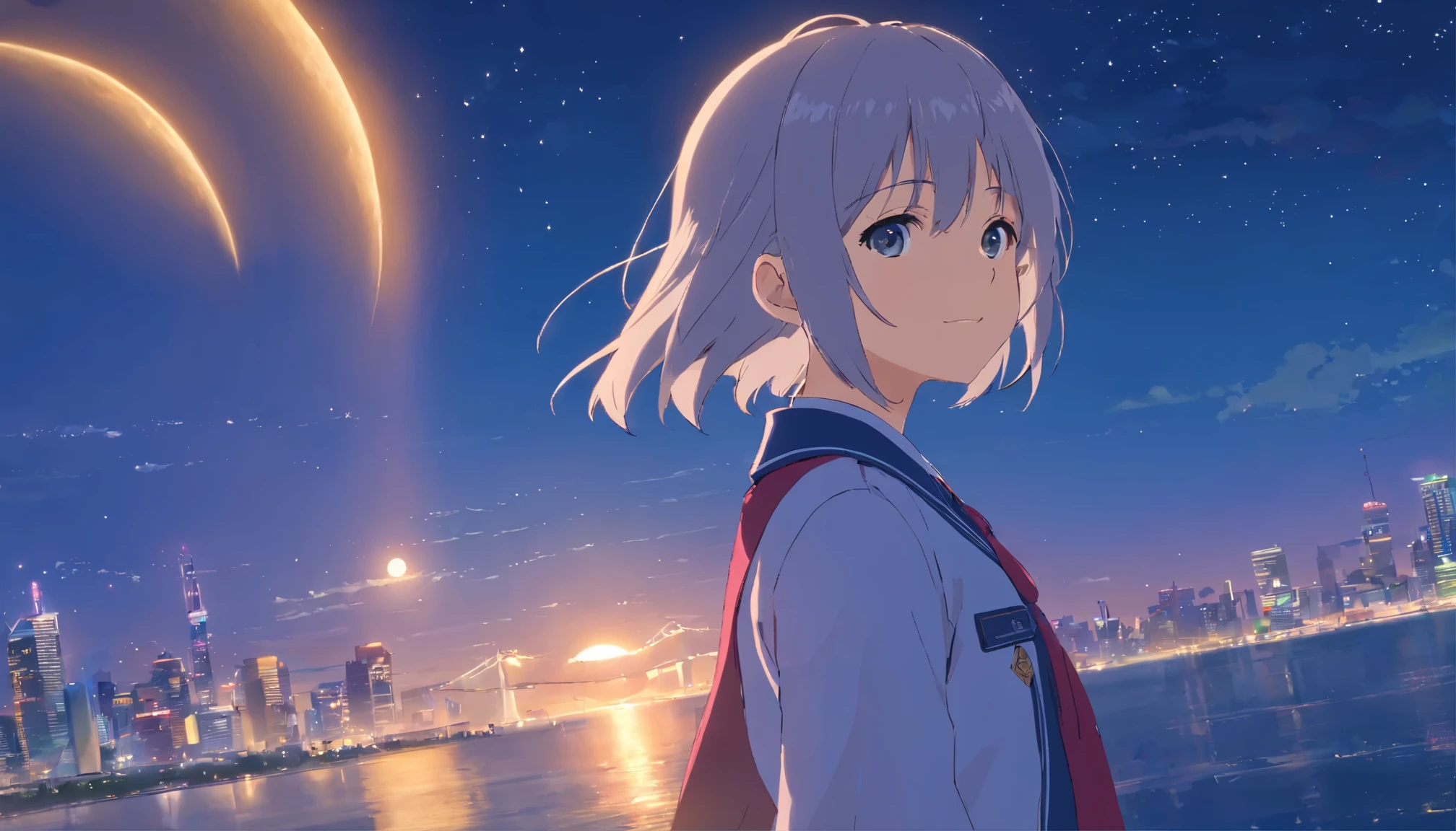 long hair,night,full moon,silver haired girl,uniform,slight smile,View photos taken