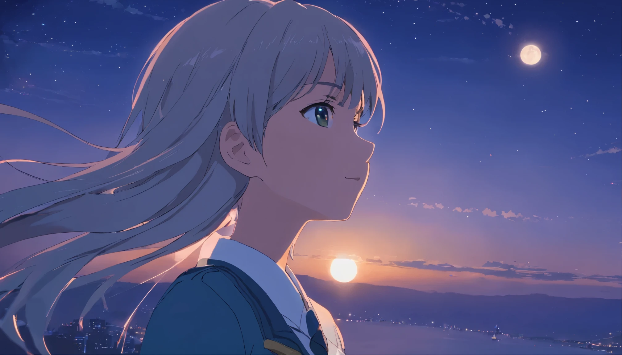 long hair,night,full moon,silver haired girl,uniform,slight smile,View photos taken