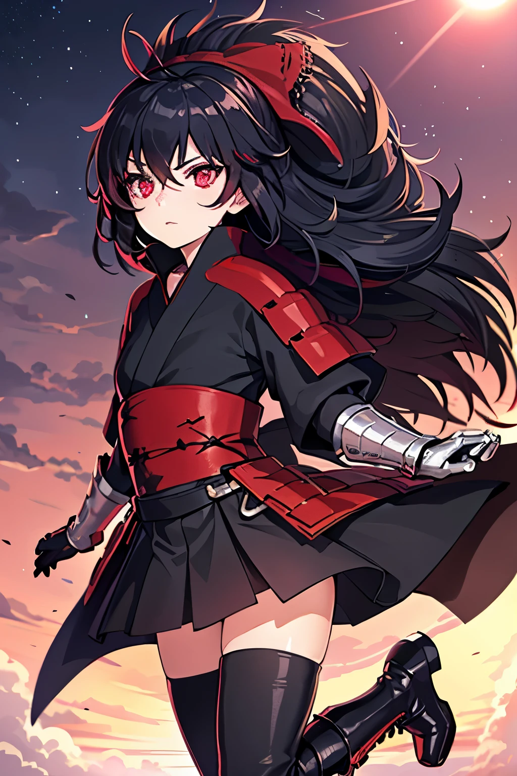 Anime, Girl, (((1girl))), (((Waifu, Raven Branwen, Raven Branwen Waifu))), (((Black Hair, Messy Hair))), ((Crimson Red Eyes eyes: 1.3, Upturned Eyes: 1, Perfect Eyes, Beautiful Detailed Eyes, Gradient eyes: 1, Finely Detailed Beautiful Eyes: 1, Symmetrical Eyes: 1, Big Highlight On Eyes: 1.2)), (((Lustrous Skin: 1.5, Bright Skin: 1.5, Skin Fair, Shiny Skin, Very Shiny Skin, Shiny Body, Plastic Glitter Skin, Exaggerated Shiny Skin, Illuminated Skin))), (Detailed Body, (Detailed Face)), Young, Lolita, (Best Quality), (((Bicep-high Gauntlets, Armored Boots, Thigh-high Heeled Boots, Armored Gauntlets))), (((Battle Kimono))), (((Skirt))), High Resolution, Sharp Focus, Ultra Detailed, Extremely Detailed, Extremely High Quality Artwork, (Realistic, Photorealistic: 1.37), 8k_Wallpaper, (Extremely Detailed CG 8k), (Very Fine 8K CG), ((Hyper Super Ultra Detailed Perfect Piece)), (((Flawless masterpiece))), Illustration, Vibrant Colors, (Intricate), High Contrast, Selective Lighting, Double Exposure, HDR (High Dynamic Range), Post-processing, Background Blur