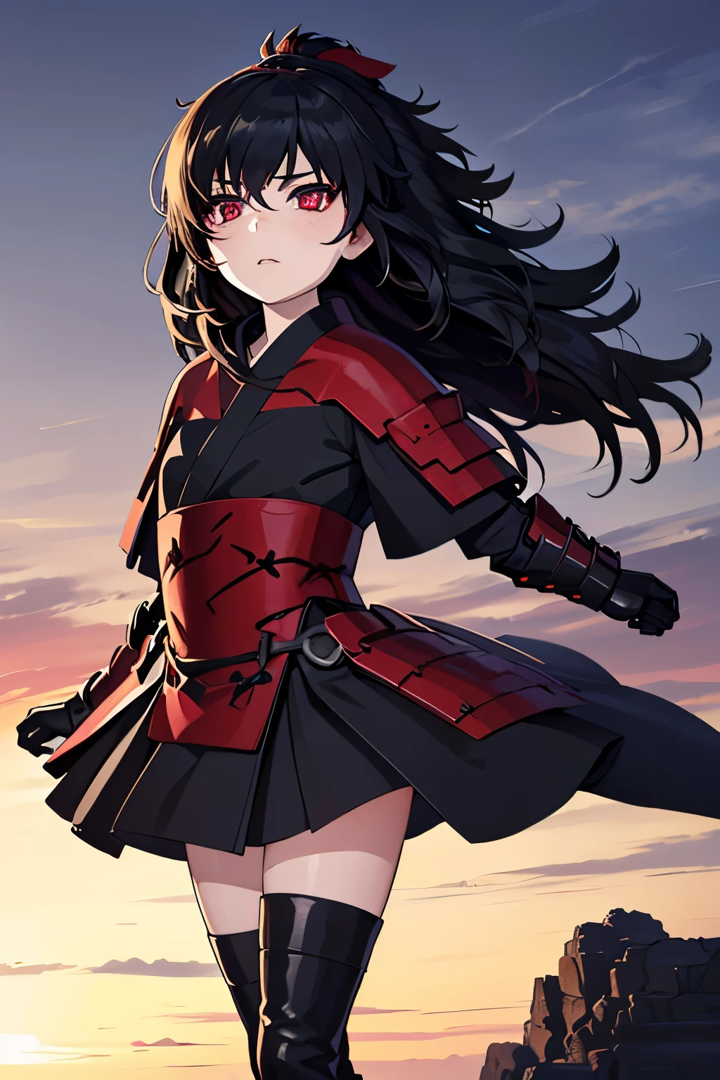 Anime, Girl, (((1girl))), (((Waifu, Raven Branwen, Raven Branwen Waifu))), (((Black Hair, Messy Hair))), ((Crimson Red Eyes eyes: 1.3, Upturned Eyes: 1, Perfect Eyes, Beautiful Detailed Eyes, Gradient eyes: 1, Finely Detailed Beautiful Eyes: 1, Symmetrical Eyes: 1, Big Highlight On Eyes: 1.2)), (((Lustrous Skin: 1.5, Bright Skin: 1.5, Skin Fair, Shiny Skin, Very Shiny Skin, Shiny Body, Plastic Glitter Skin, Exaggerated Shiny Skin, Illuminated Skin))), (Detailed Body, (Detailed Face)), Young, ****ta, (Best Quality), (((Bicep-high Gauntlets, Armored Boots, Thigh-high Heeled Boots, Armored Gauntlets))), (((Battle Kimono))), (((Skirt))), High Resolution, Sharp Focus, Ultra Detailed, Extremely Detailed, Extremely High Quality Artwork, (Realistic, Photorealistic: 1.37), 8k_Wallpaper, (Extremely Detailed CG 8k), (Very Fine 8K CG), ((Hyper Super Ultra Detailed Perfect Piece)), (((Flawless masterpiece))), Illustration, Vibrant Colors, (Intricate), High Contrast, Selective Lighting, Double Exposure, HDR (High Dynamic Range), Post-processing, Background Blur