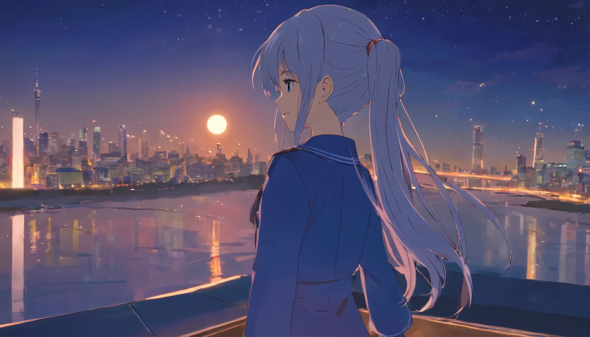 long hair,night,full moon,silver haired girl,uniform,slight smile,View photos taken