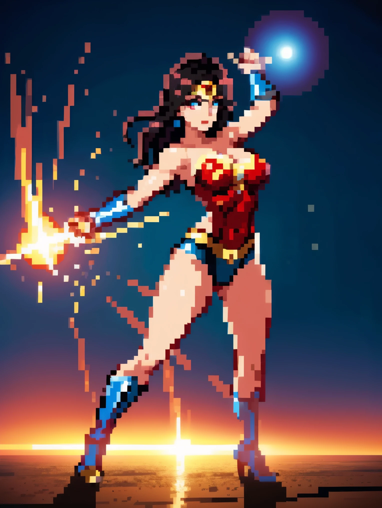 Scene from Movie, an ultra hot gorgeous European Wonder Woman from DC, age 23, full body shot, sexy action pose, Distorted Space, Distorted Undead in the Background, Lens Flares, Light Shafts, Intricate Details, High Detailed, Volumetric Lighting, 4k Rendering, Stock Photo, Hyper-Realistic, Realistic Textures, Dramatic Lighting, Unreal Engine