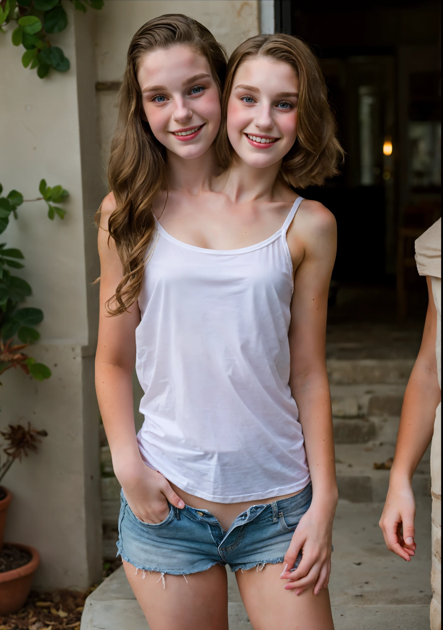 (conjoined_dicephalus), (2heads), 30-year-old white girl with two heads, short red hair, blue eyes, wearing a tank top and shorts, standing in a living room next to her -yeld dater, smiling