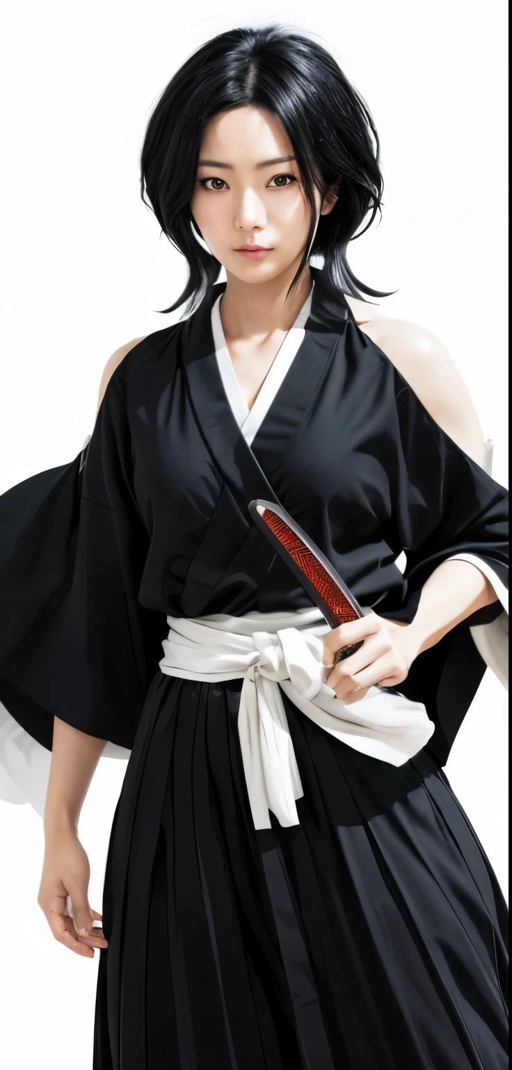 anime character with black hair and a white sash holding a sword, inspired by Sugimura Jihei, bleach manga style, real life ,realistic, girl