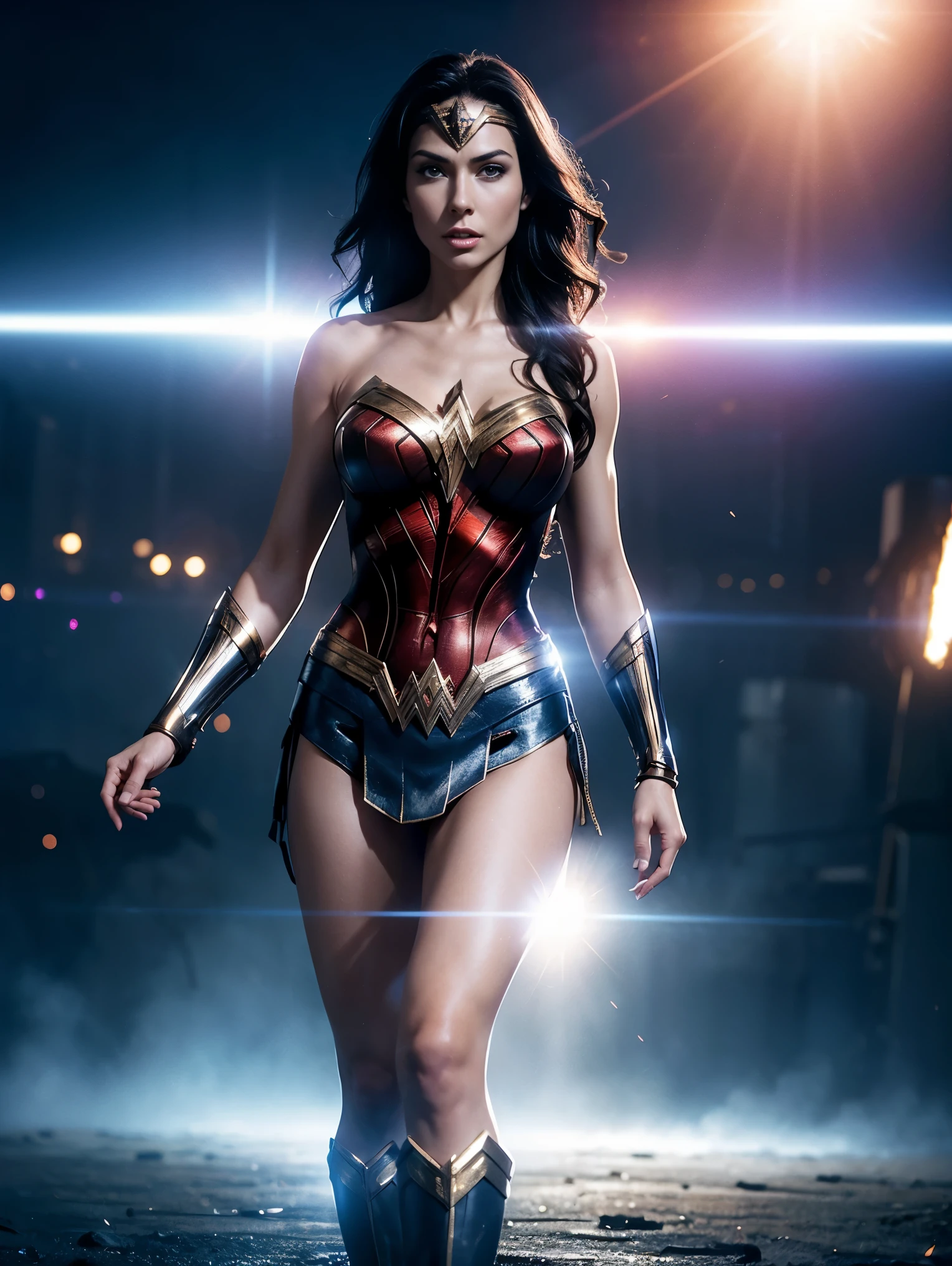 Scene from Movie, an ultra hot gorgeous European slender Wonder Woman from DC, age 23, full body shot, sexy action pose, Distorted Space, Distorted Undead in the Background, Lens Flares, Light Shafts, Intricate Details, High Detailed, Volumetric Lighting, 4k Rendering, Stock Photo, Hyper-Realistic, Realistic Textures, Dramatic Lighting, Unreal Engine