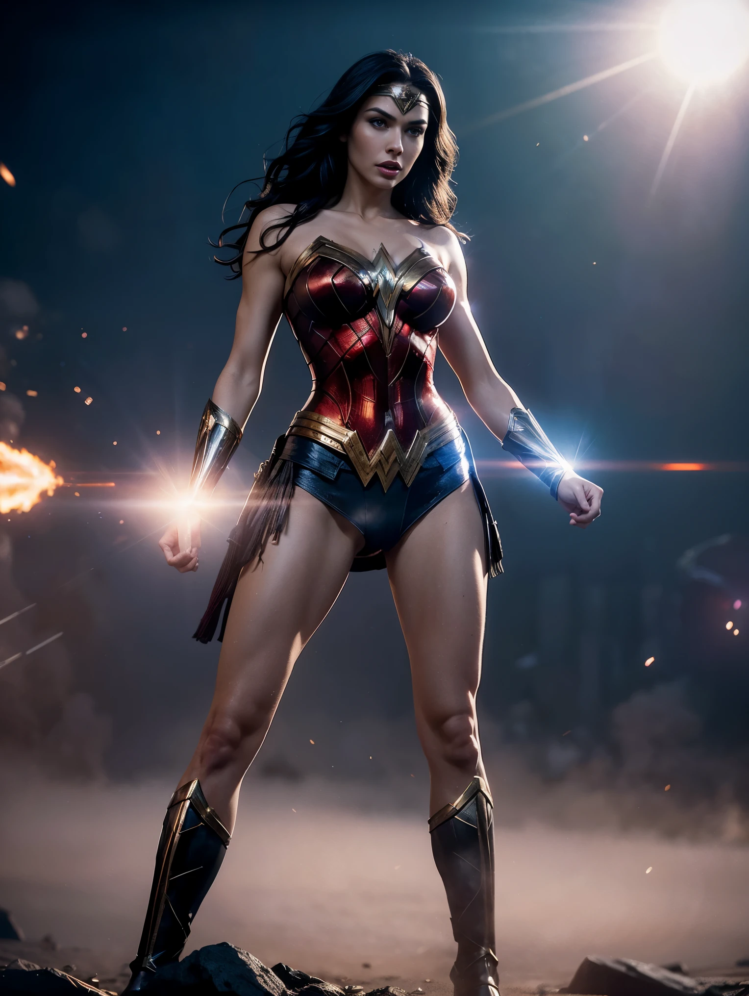 Scene from Movie, an ultra hot gorgeous European slender Wonder Woman from DC, age 23, full body shot, sexy action pose, Distorted Space, Distorted Undead in the Background, Lens Flares, Light Shafts, Intricate Details, High Detailed, Volumetric Lighting, 4k Rendering, Stock Photo, Hyper-Realistic, Realistic Textures, Dramatic Lighting, Unreal Engine