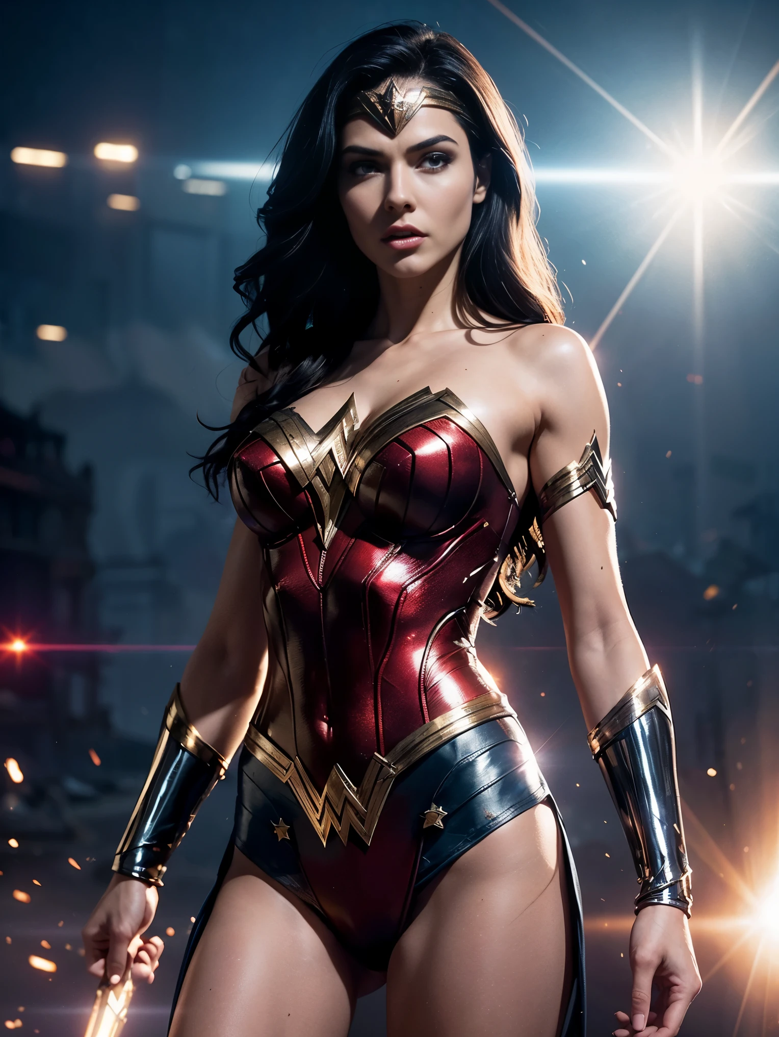 Scene from Movie, an ultra hot gorgeous European slender Wonder Woman from DC, age 23, full body shot, sexy action pose, Distorted Space, Distorted Undead in the Background, Lens Flares, Light Shafts, Intricate Details, High Detailed, Volumetric Lighting, 4k Rendering, Stock Photo, Hyper-Realistic, Realistic Textures, Dramatic Lighting, Unreal Engine