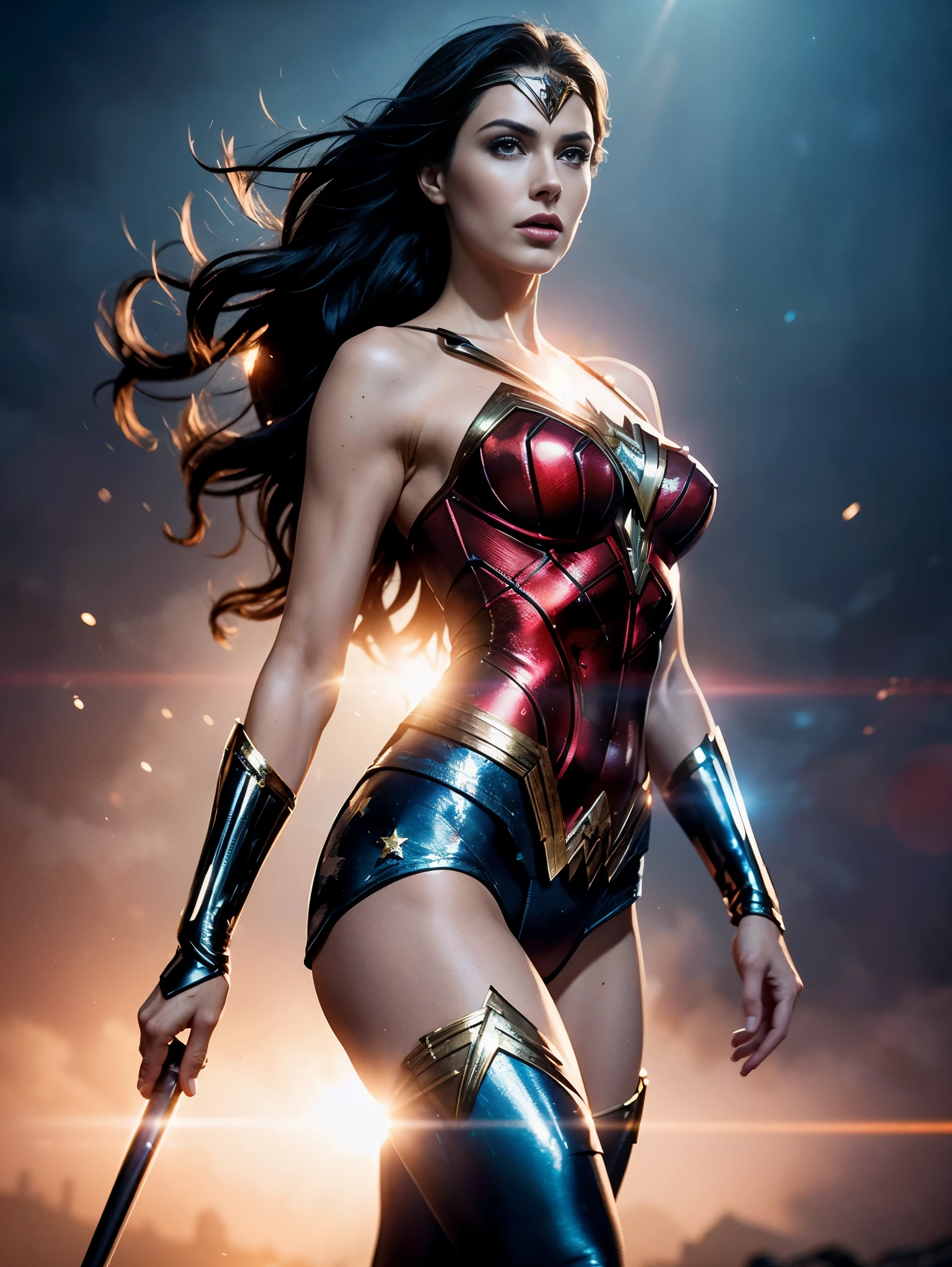 Scene from Movie, an ultra hot gorgeous European slender Wonder Woman from DC, age 23, full body shot, sexy action pose, Distorted Space, Distorted Undead in the Background, Lens Flares, Light Shafts, Intricate Details, High Detailed, Volumetric Lighting, 4k Rendering, Stock Photo, Hyper-Realistic, Realistic Textures, Dramatic Lighting, Unreal Engine