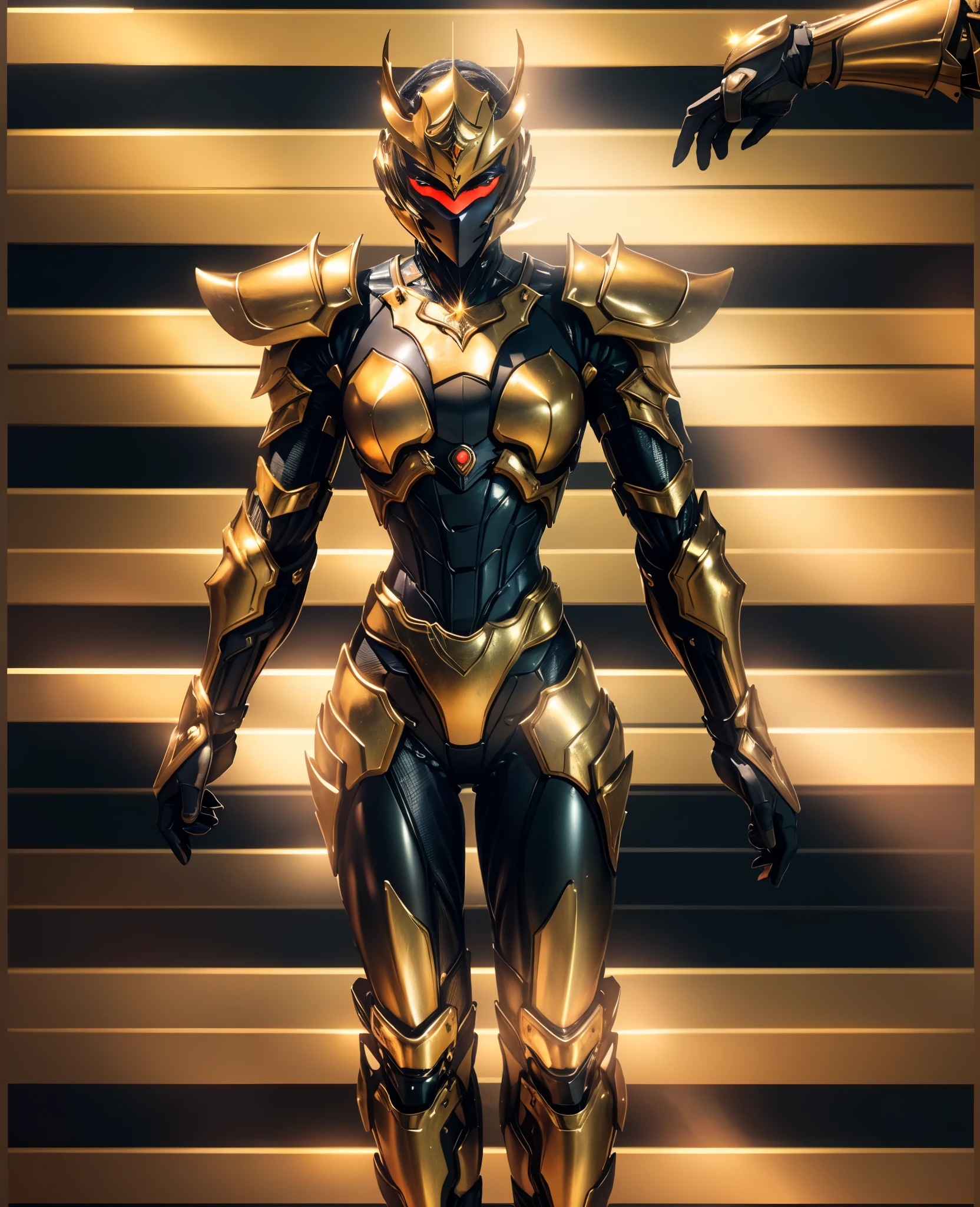 A woman adorned in fantasy-style full-body armor, a crown-concept fully enclosed helmet that unveils only her eyes, a composite layered chest plate, fully encompassing shoulder and hand guards, a lightweight waist armor, form-fitting shin guards, the overall design is heavy-duty yet flexible, the armor gleams with a golden glow, complemented by red and blue accents, exhibiting a noble aura, she floats above a fantasy-surreal high-tech city, this character embodies a finely crafted fantasy-surreal style armored hero in anime style, exquisite and mature manga art style, Queen Bee Concept Armor, ((goddess, femminine)), long legs, metallic, elegant, high definition, best quality, highres, ultra-detailed, ultra-fine painting, extremely delicate, professional, anatomically correct, symmetrical face, extremely detailed eyes and face, high quality eyes, creativity, RAW photo, UHD, 32k, Natural light, cinematic lighting, masterpiece-anatomy-perfect, masterpiece:1.5
