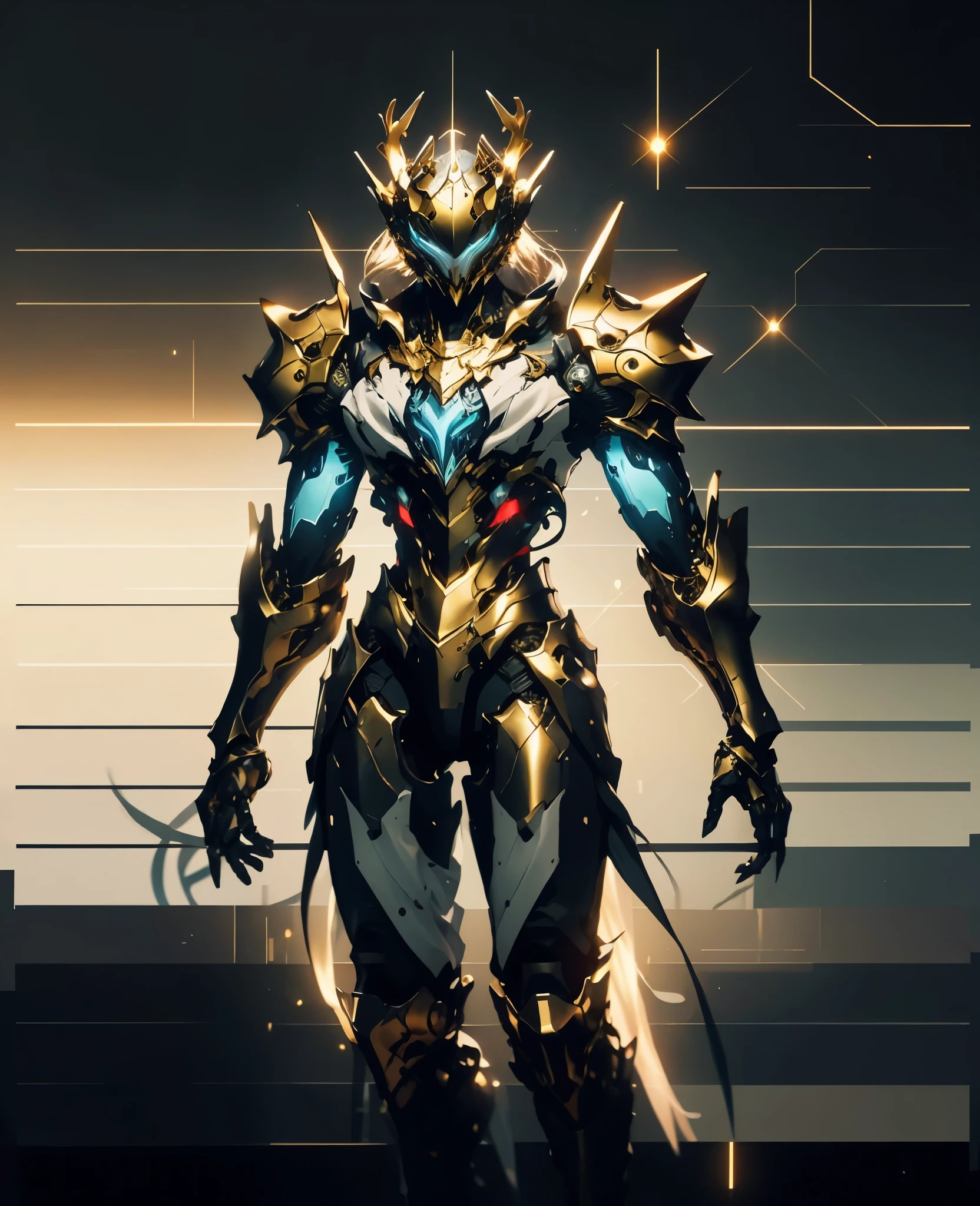 A woman adorned in fantasy-style full-body armor, a crown-concept fully enclosed helmet that unveils only her eyes, a composite layered chest plate, fully encompassing shoulder and hand guards, a lightweight waist armor, form-fitting shin guards, the overall design is heavy-duty yet flexible, the armor gleams with a golden glow, complemented by red and blue accents, exhibiting a noble aura, she floats above a fantasy-surreal high-tech city, this character embodies a finely crafted fantasy-surreal style armored hero in anime style, exquisite and mature manga art style, Queen Bee Concept Armor, ((goddess, femminine)), long legs, metallic, elegant, high definition, best quality, highres, ultra-detailed, ultra-fine painting, extremely delicate, professional, anatomically correct, symmetrical face, extremely detailed eyes and face, high quality eyes, creativity, RAW photo, UHD, 32k, Natural light, cinematic lighting, masterpiece-anatomy-perfect, masterpiece:1.5