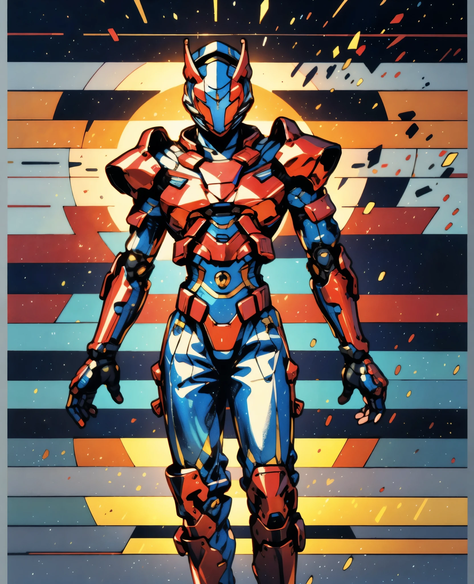 A woman adorned in fantasy-style full-body armor, a crown-concept fully enclosed helmet that unveils only her eyes, a composite layered chest plate, fully encompassing shoulder and hand guards, a lightweight waist armor, form-fitting shin guards, the overall design is heavy-duty yet flexible, the armor gleams with a golden glow, complemented by red and blue accents, exhibiting a noble aura, she floats above a fantasy-surreal high-tech city, this character embodies a finely crafted fantasy-surreal style armored hero in anime style, exquisite and mature manga art style, Queen Bee Concept Armor, ((goddess, femminine)), long legs, metallic, elegant, high definition, best quality, highres, ultra-detailed, ultra-fine painting, extremely delicate, professional, anatomically correct, symmetrical face, extremely detailed eyes and face, high quality eyes, creativity, RAW photo, UHD, 32k, Natural light, cinematic lighting, masterpiece-anatomy-perfect, masterpiece:1.5