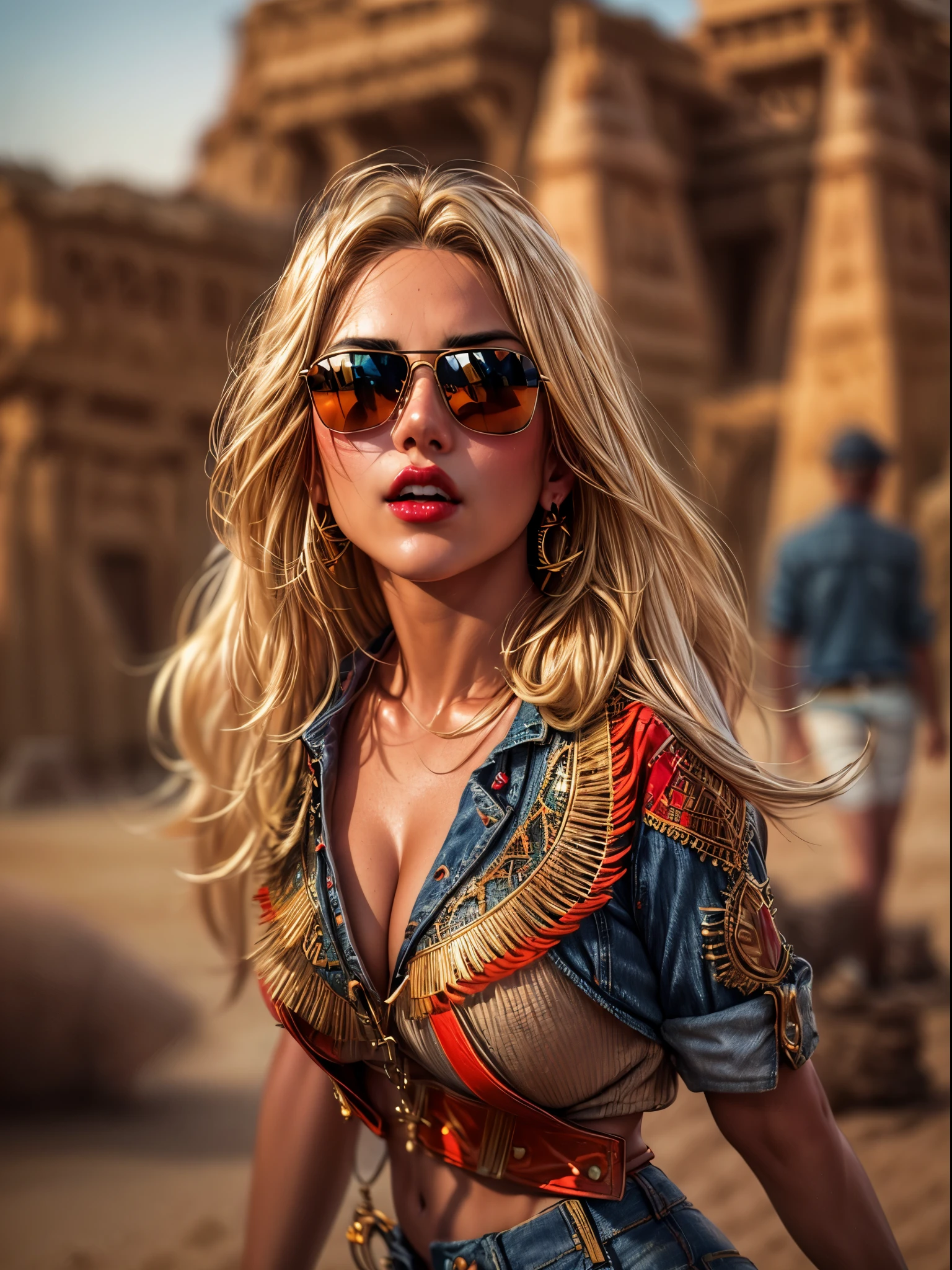 (best quality, masterpiece, 8K, photo-realistic:1.4), (blonde woman:1.3), (long flowing hair:1.2), (thick symmetrical eyebrows:1.3), wearing (Ray-Ban Aviator mirrored sunglasses:1.3), flawless complexion, (plump red lips:1.2), (intensely red lipstick:1.3), (medium bosom:1.3), (slim waist:1.2), (medium thighs:1.2), dressed in a tight-fitting, short, checkered button-down shirt, and (skin-tight denim shorts:1.3), standing amidst ancient Egyptian ruins in the desert city, (perfect lighting:1.2), (intricate details:1.4) in the background, (desert landscape:1.2), (majestic pyramids:1.1), (mysterious hieroglyphics:1.2), (soft desert sand:1.2), (candid shot:1.3), (vibrant colors:1.1), (enchanting atmosphere:1.1), Cinematic, Hyper-detailed, insane details, beautifully color graded, Super-Resolution, Megapixel, Cinematic Lightning, Post Processing, Post Production, Tone Mapping Insanely detailed and intricate, Hyper maximalist, Volumetric, Photorealistic, ultra photoreal, ultra-detailed, intricate details, 8K, Super detailed, Full color, Volumetric lightning, HDR, Sharp focus
Camera Model: Sony Alpha 7R IV
Lens: Sony FE 24-70mm f/2.8 GM