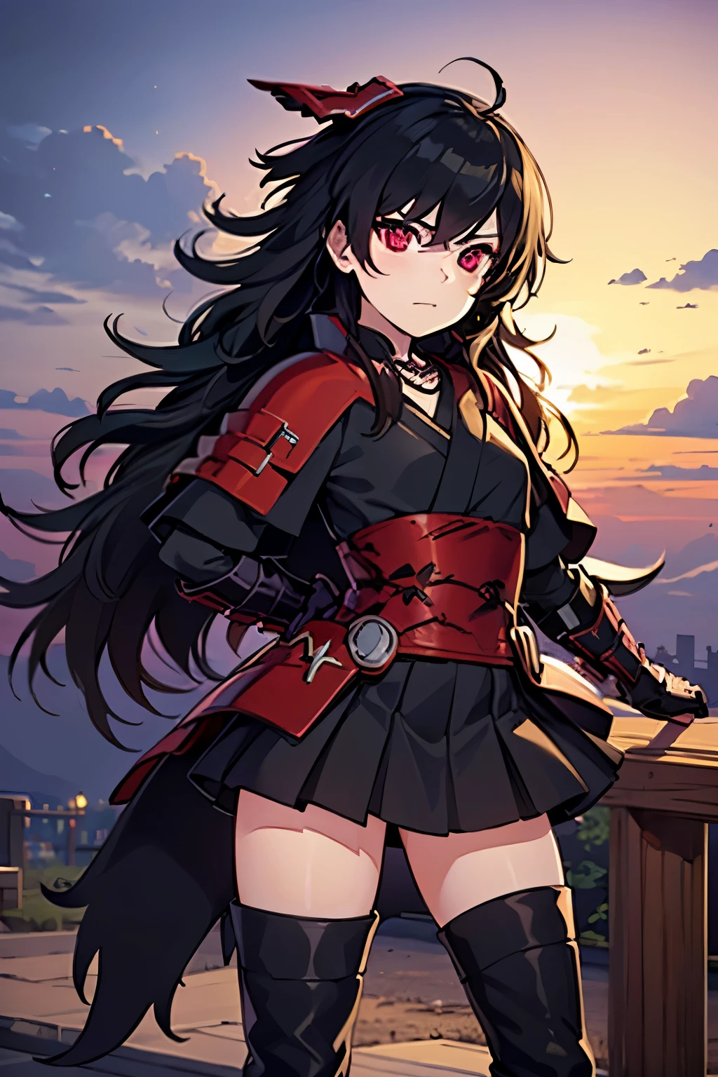 Anime, Girl, (((1girl))), (((Waifu, Raven Branwen, Raven Branwen Waifu))), (((Black Hair, Messy Hair))), ((Crimson Red Eyes eyes: 1.3, Upturned Eyes: 1, Perfect Eyes, Beautiful Detailed Eyes, Gradient eyes: 1, Finely Detailed Beautiful Eyes: 1, Symmetrical Eyes: 1, Big Highlight On Eyes: 1.2)), (((Lustrous Skin: 1.5, Bright Skin: 1.5, Skin Fair, Shiny Skin, Very Shiny Skin, Shiny Body, Plastic Glitter Skin, Exaggerated Shiny Skin, Illuminated Skin))), (Detailed Body, (Detailed Face)), Young, ****ta, (Best Quality), (((Bicep-high Gauntlets, Armored Boots, Thigh-high Heeled Boots, Armored Gauntlets))), (((Battle Kimono))), (((Skirt))), High Resolution, Sharp Focus, Ultra Detailed, Extremely Detailed, Extremely High Quality Artwork, (Realistic, Photorealistic: 1.37), 8k_Wallpaper, (Extremely Detailed CG 8k), (Very Fine 8K CG), ((Hyper Super Ultra Detailed Perfect Piece)), (((Flawless masterpiece))), Illustration, Vibrant Colors, (Intricate), High Contrast, Selective Lighting, Double Exposure, HDR (High Dynamic Range), Post-processing, Background Blur