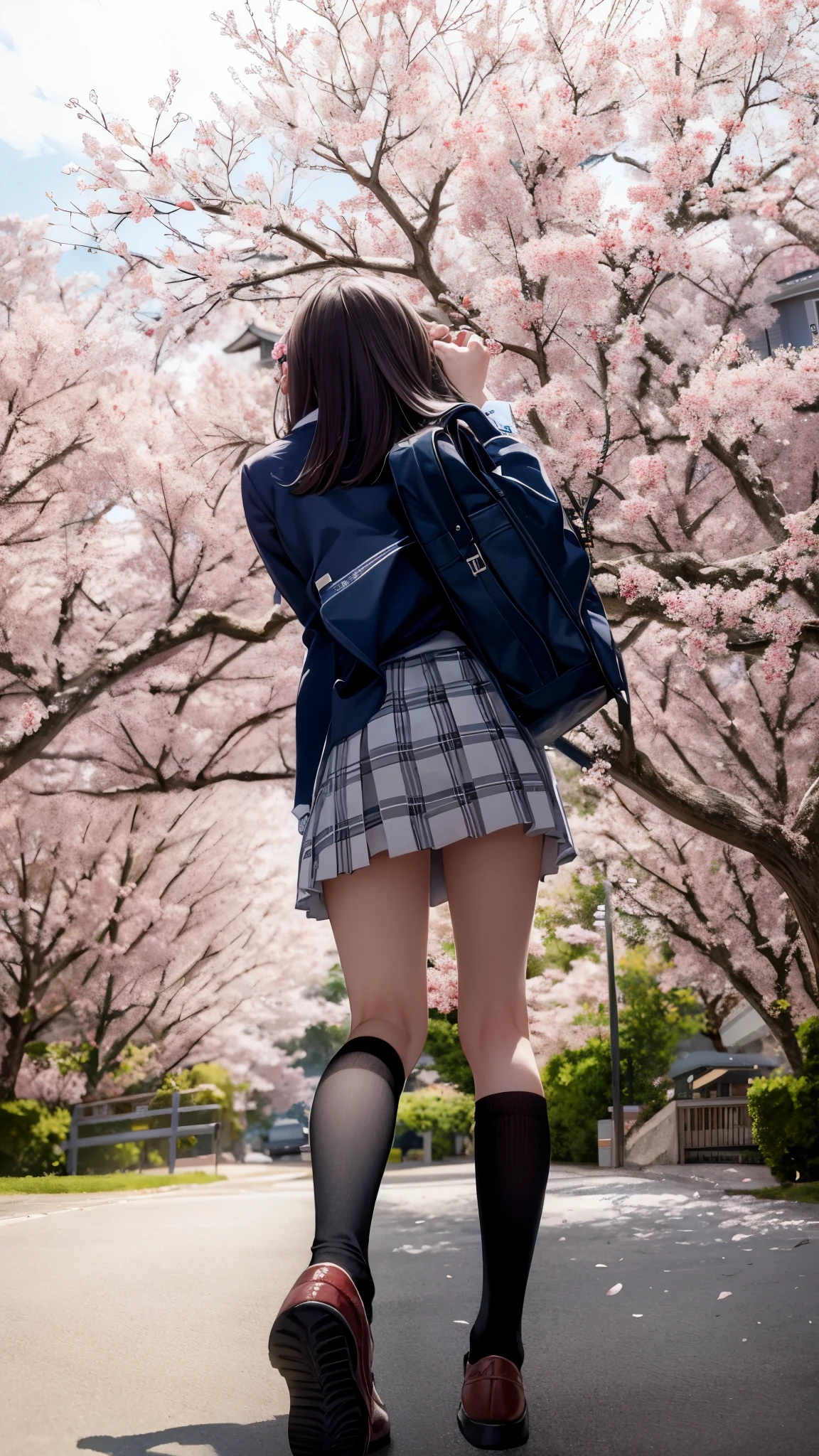 Photo taken by a professional photographer，arafed woman in a school uniform walking down a street, Photo of high school girl posing, wearing japanese school uniform, japanese school uniform, japanese girl uniform, a surreal high school girl, seifuku, she is wearing a skirt and white high socks., Dress like a , surreal high school girl, under the cherry tree, , cute , Japanese high school