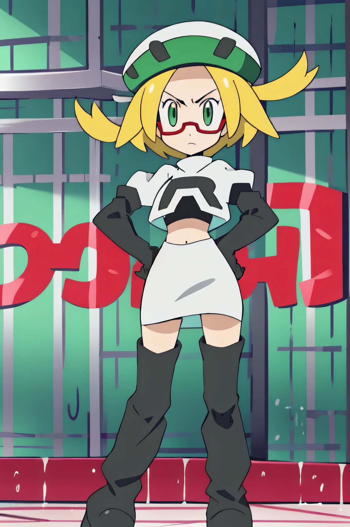 team rocket uniform, red letter r, white skirt, white crop top, black thigh-high boots, black elbow gloves, glaring angrily, looking at viewer, hands on hips, zettai ryouiki, Bianca, green hat, glasses