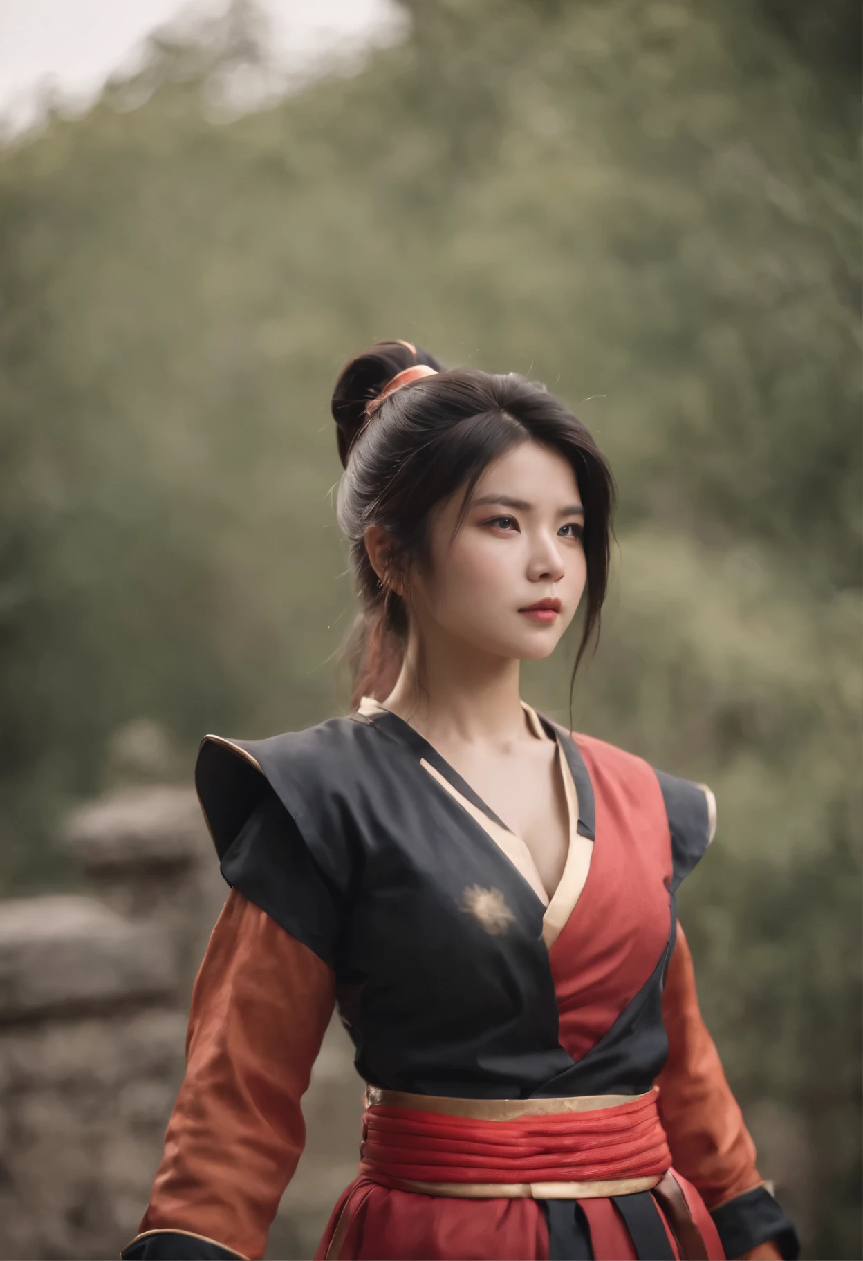 Bewitching 25 year old woman，big breasts，Son Goku Cosplay，red and black armor，Ruyi stick