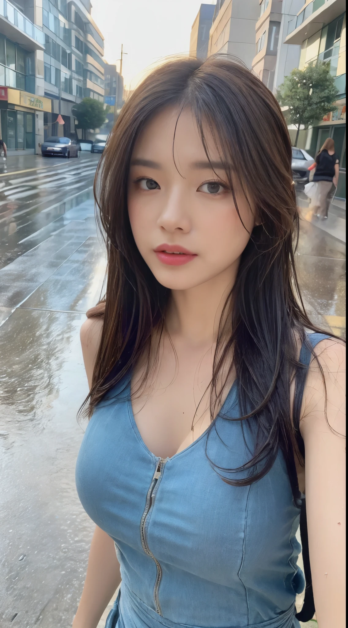 ((best quality, 8k, masterpiece:1.3)), focus: 1.2, perfect body beautiful: 1.4, buttocks: 1.2, ((layered hairstyle, : 1.2)), (wet clothes: 1.1) , (rain, street:1.3), tube top dress: 1.1, Highly detailed facial and skin textures, exquisite eyes, double eyelids, skin whitening, long hair
