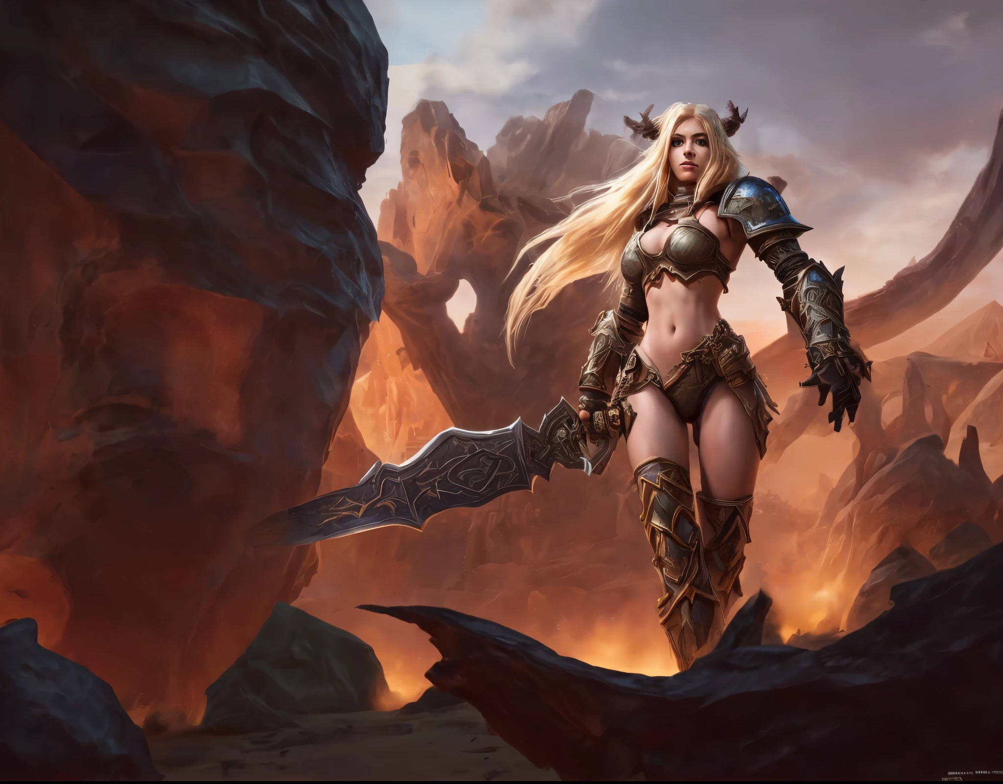 arafed image of a woman with a sword and armor in a desert, world of warcraft splash art