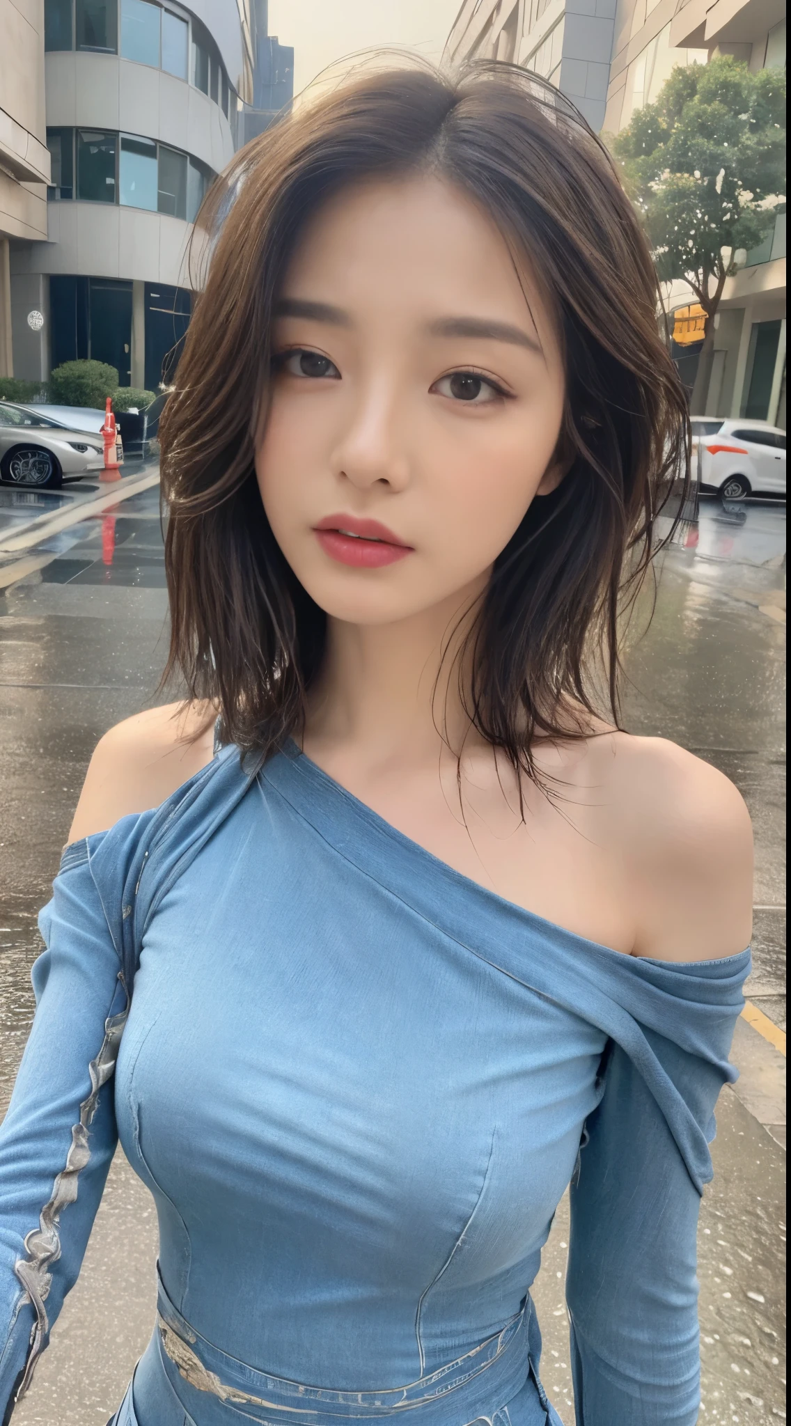 ((best quality, 8k, masterpiece:1.3)), focus: 1.2, perfect body beautiful: 1.4, buttocks: 1.2, ((layered hairstyle, : 1.2)), (wet clothes: 1.1) , (rain, street:1.3), tube top dress: 1.1, Highly detailed facial and skin textures, exquisite eyes, double eyelids, skin whitening, long hair