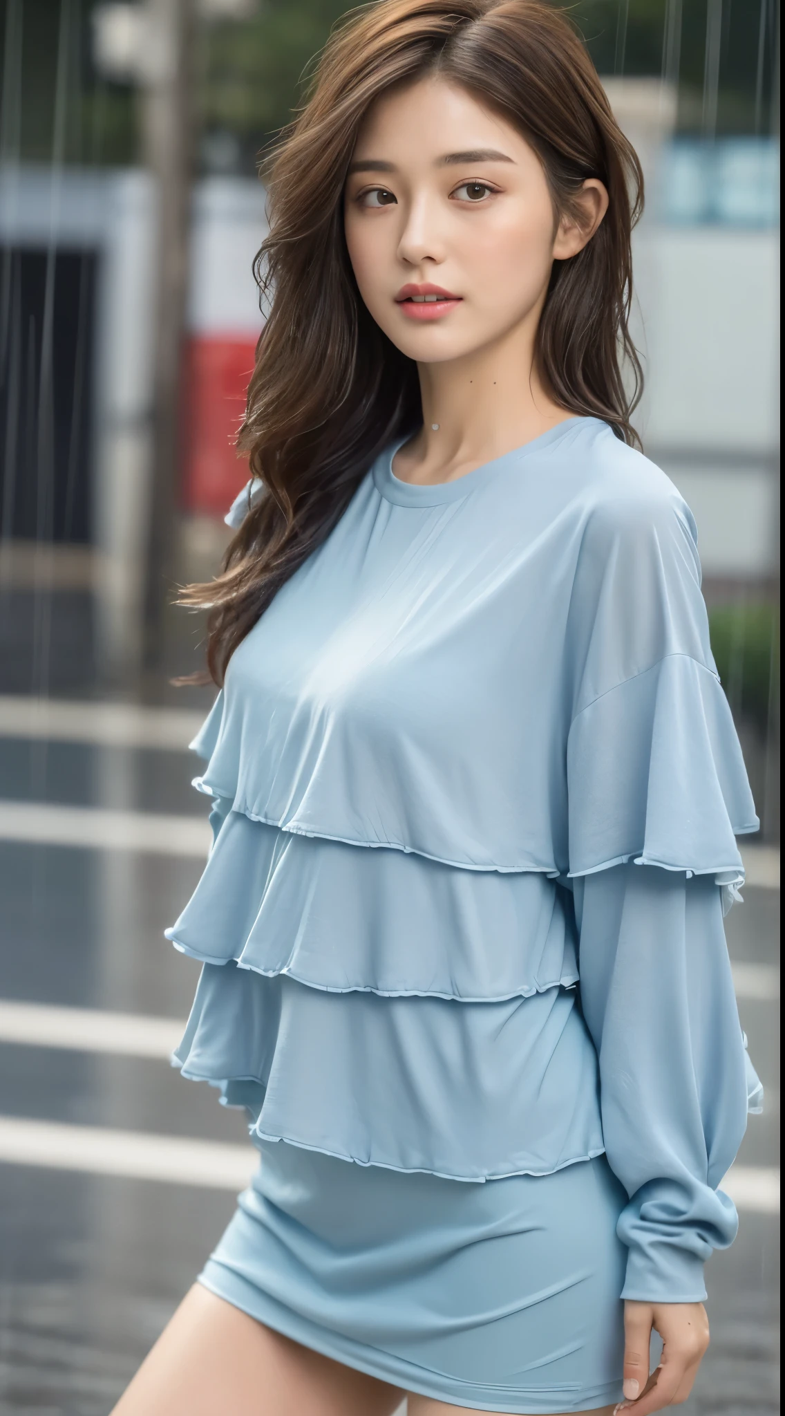 ((best quality, 8k, masterpiece:1.3)), focus: 1.2, perfect body beautiful: 1.4, buttocks: 1.2, ((layered hairstyle, : 1.2)), (wet clothes: 1.1) , (rain, street:1.3), tube top dress: 1.1, Highly detailed facial and skin textures, exquisite eyes, double eyelids, skin whitening, long hair