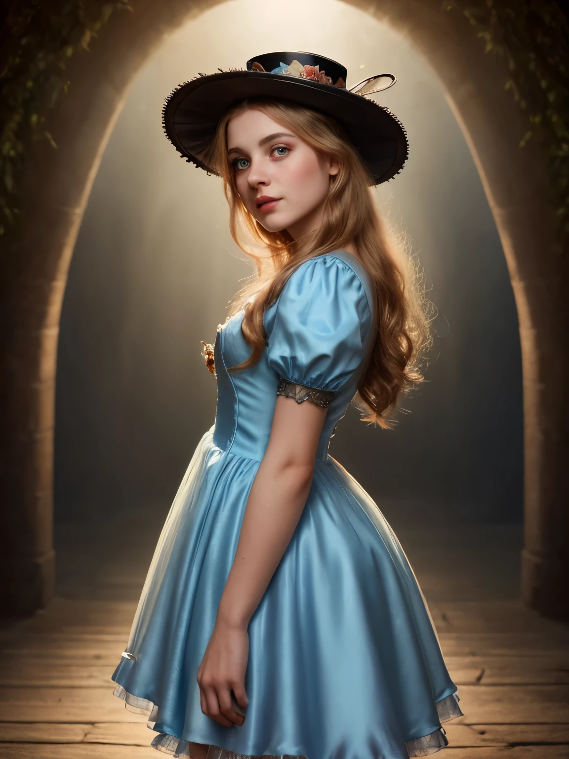 (Realistic:1.2), Photorealistic, Alice in Wonderland, cute sexy, small blue dress and steampunk cylinder hat, cinematic lighting, ethereal light, complex parts, extremely detailed, full color, surrealistic detailed fairytale background, rich colors, cinematic, detailed beautiful eyes and perfect face, anslog photo style, depth of field, bokeh, 16k best quality