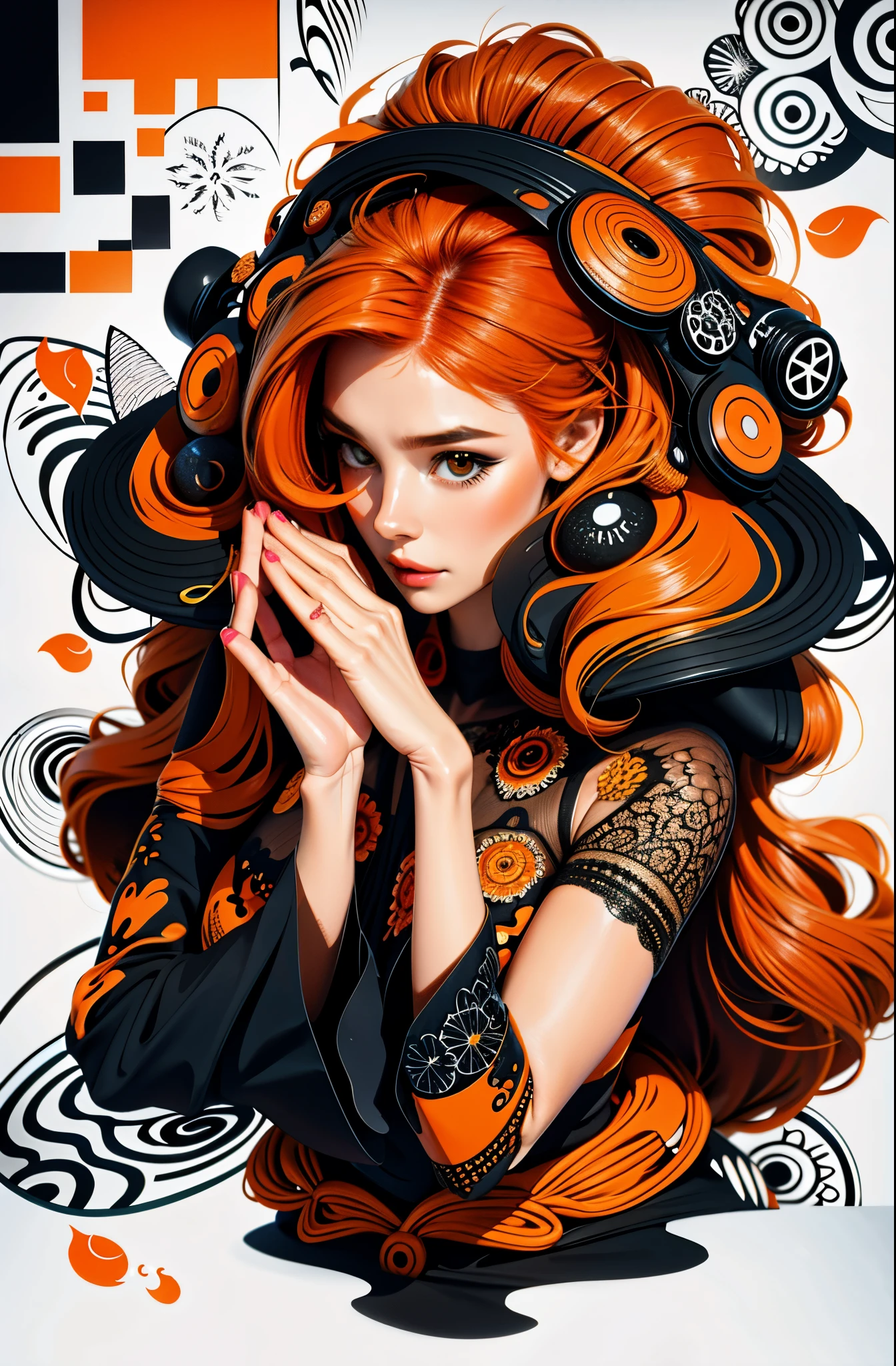 1girl,(orange_hair:1.1),(zentangle, mandala, tangle, entangle:0.6),(fractal art),the most beautiful form of chaos,brutalist designed,