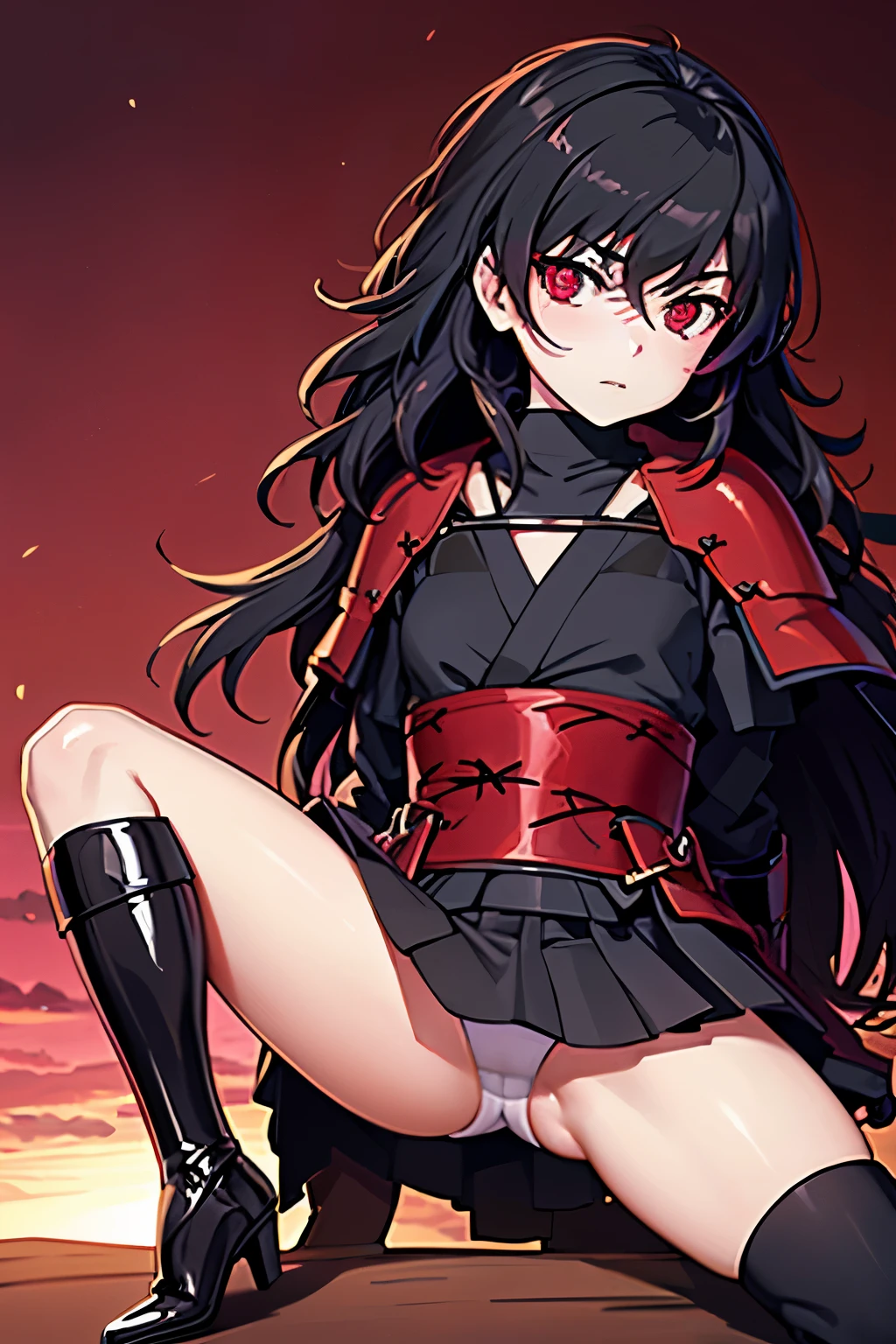 Anime, Girl, (((1girl))), (((Waifu, Raven Branwen, Raven Branwen Waifu))), (((Black Hair, Messy Hair))), ((Crimson Red Eyes eyes: 1.3, Upturned Eyes: 1, Perfect Eyes, Beautiful Detailed Eyes, Gradient eyes: 1, Finely Detailed Beautiful Eyes: 1, Symmetrical Eyes: 1, Big Highlight On Eyes: 1.2)), (((Lustrous Skin: 1.5, Bright Skin: 1.5, Skin Fair, Shiny Skin, Very Shiny Skin, Shiny Body, Plastic Glitter Skin, Exaggerated Shiny Skin, Illuminated Skin))), (Detailed Body, (Detailed Face)), Young, ta, (Best Quality), (((Bicep-high Gauntlets, Armored Boots, Thigh-high Heeled Boots, Armored Gauntlets))), (((Battle Kimono))), (((Skirt))), High Resolution, Sharp Focus, Ultra Detailed, Extremely Detailed, Extremely High Quality Artwork, (Realistic, Photorealistic: 1.37), 8k_Wallpaper, (Extremely Detailed CG 8k), (Very Fine 8K CG), ((Hyper Super Ultra Detailed Perfect Piece)), (((Flawless masterpiece))), Illustration, Vibrant Colors, (Intricate), High Contrast, Selective Lighting, Double Exposure, HDR (High Dynamic Range), Post-processing, Background Blur