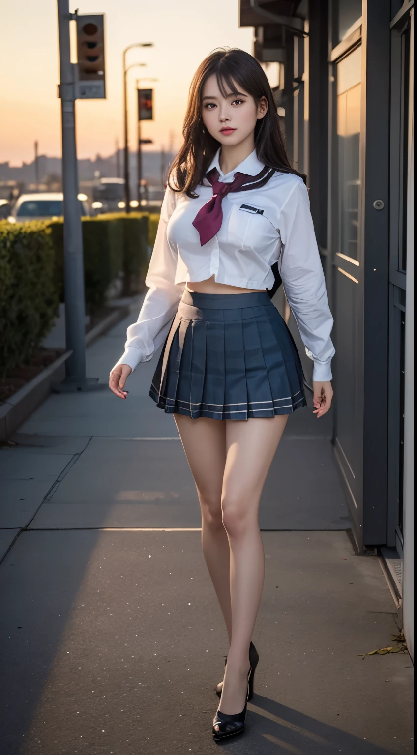 (highest quality:1.4), (hyper quality), (Super detailedな), 1 beautiful girl, Super cute, wonderful face and eyes, (school uniform, pleated mini skirt:1.5), (Beautiful and large breasts:1.1), (slender body:1.1), (thin legs), real skin texture, bangs, bright and shiny lips, Beautiful Goddess Advent, beautiful background, golden ratio, conceptual art, Super detailed, Accurate, advanced details, outdoor, sexy art, surrounded by a beautiful sunset, bright light, Super delicate illustration details, Highly detailed CG integrated 8K wallpaper, RAW photo, professional photos, cinematic lighting, Super gorgeous illustrations, Depth of bounds written, Her nipples are pushing up her uniform., cropped tops, High heels on bare feet