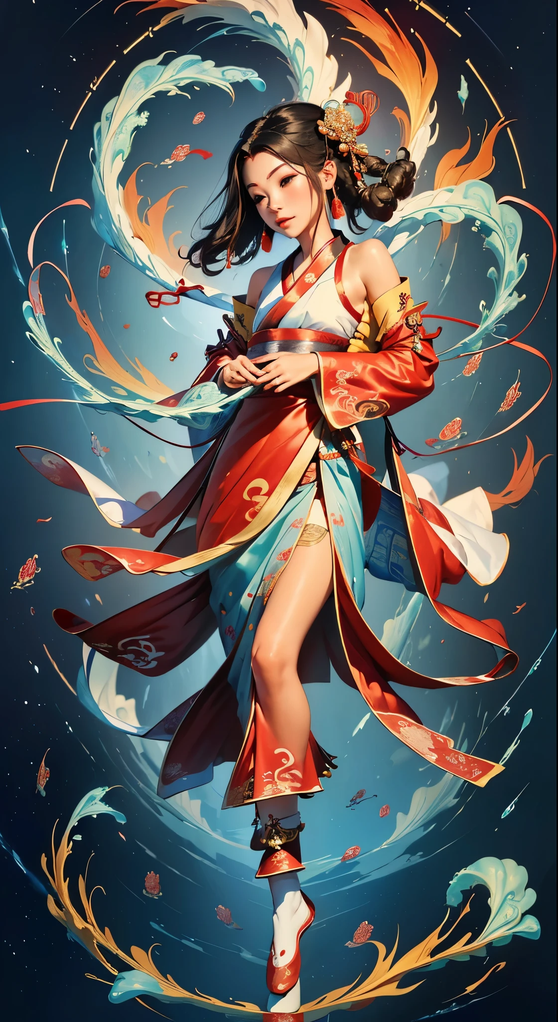 Official Art, Unified 8K Wallpapers, Ultra Detailed, Beautiful and Aesthetic, Masterpiece, Best Quality, (Zentangle, Tangle, Entangle), (fractal art: 1.4), 1girl, black hair, Chinese, bare shoulders, short skirt, calf, navel, very detailed, dynamic angle, cowboyshot, (most beautiful form chaos), flowing, (bright colors), oc, (half: 1.2), china, (thangka flying sky: 1.5), (ribbon: 1.3), (dream: 1.5), (hanfu: 1.5), Chinese dragon, Chinese phoenix, (smile: 0.5), (Chinese deity),