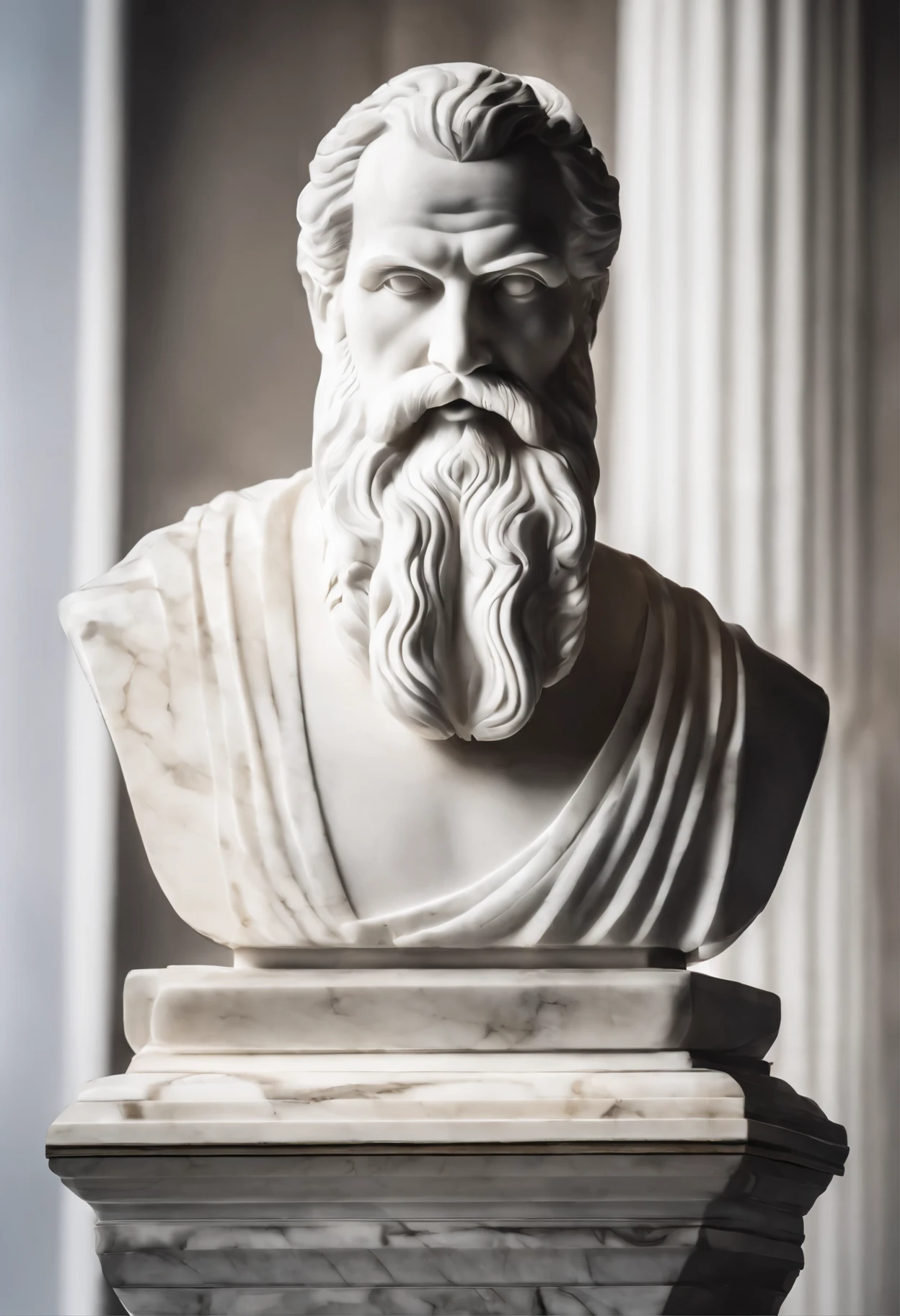 White marble statue of bust of wise man with the style of the bearded Greek philosopher in the museum. Atmosfera escura, alto contraste de luz e sombra, fotografia profissional, utrarealista, Light Volumetric, cinemactic