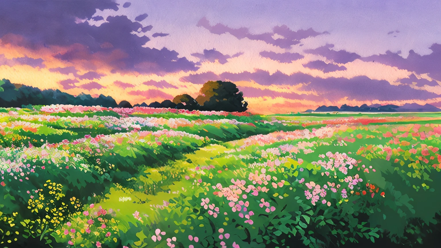 Realistic, authentic, Beautiful and amazing landscape oil painting by Studio Ghibli Hayao Miyazaki&#39; Romantic sunset, lilac pink with elk shades of flowers, Grove near the village, girl looking at the sky