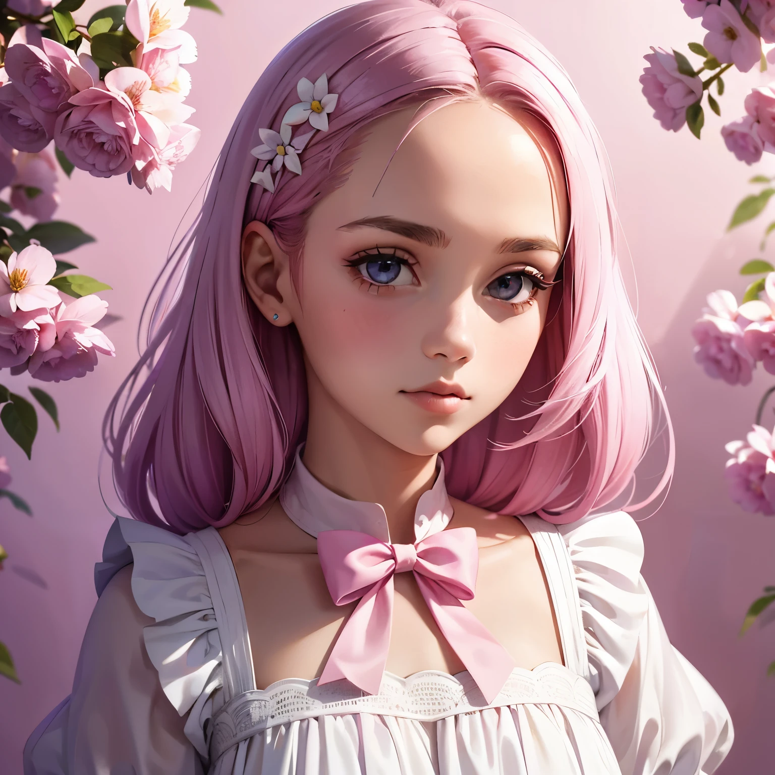 1 girl, upper body, big face, Rozheva has hair, white and pink dress, pink bow, purple flowers, Simple background
