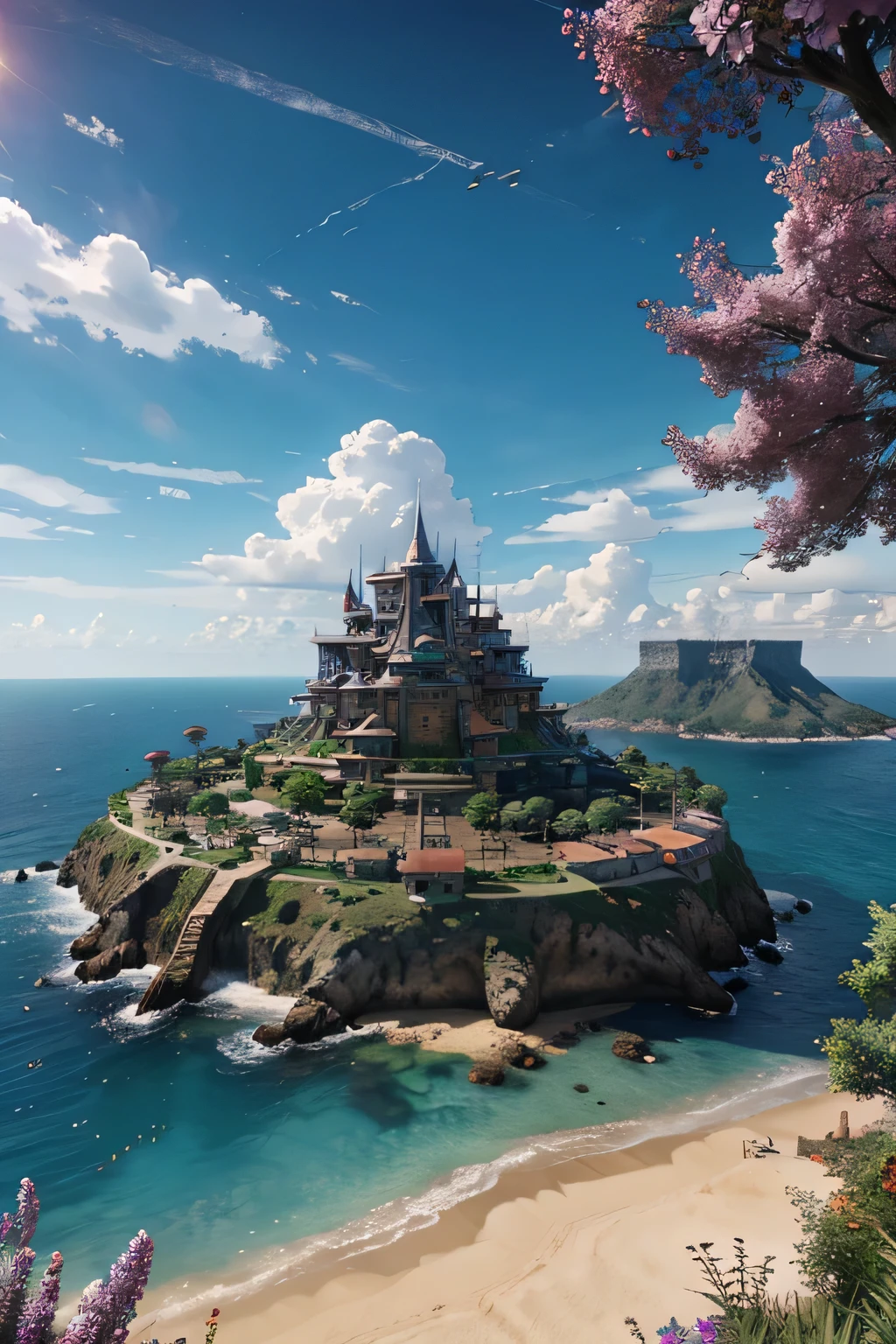 colorful Anime game world, MMORPG, world to explore, splash-art, over-view of world, horizon