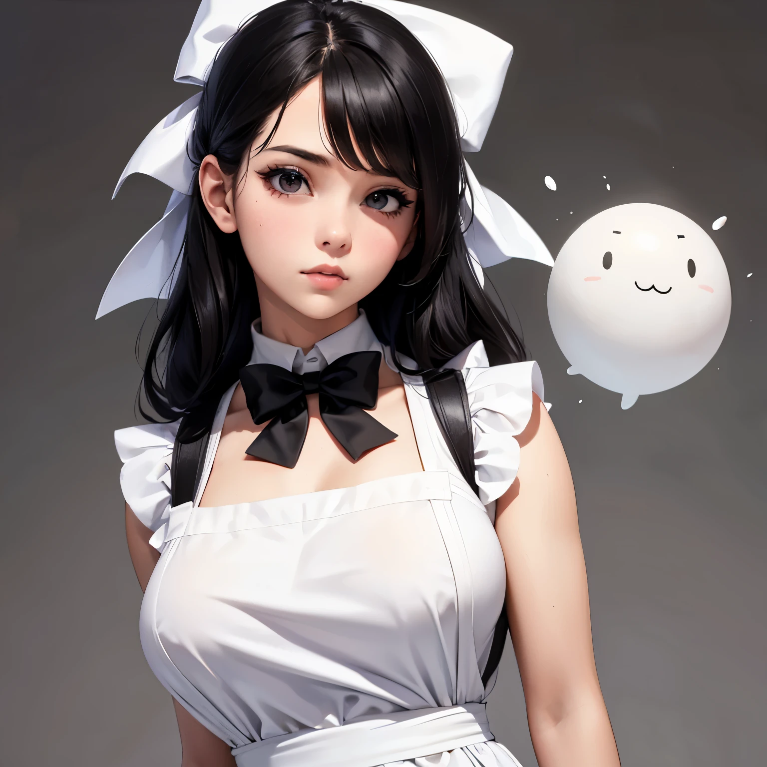 1 girl, upper body, big face, black hair, white dress, white apron, black bow, Simple background
