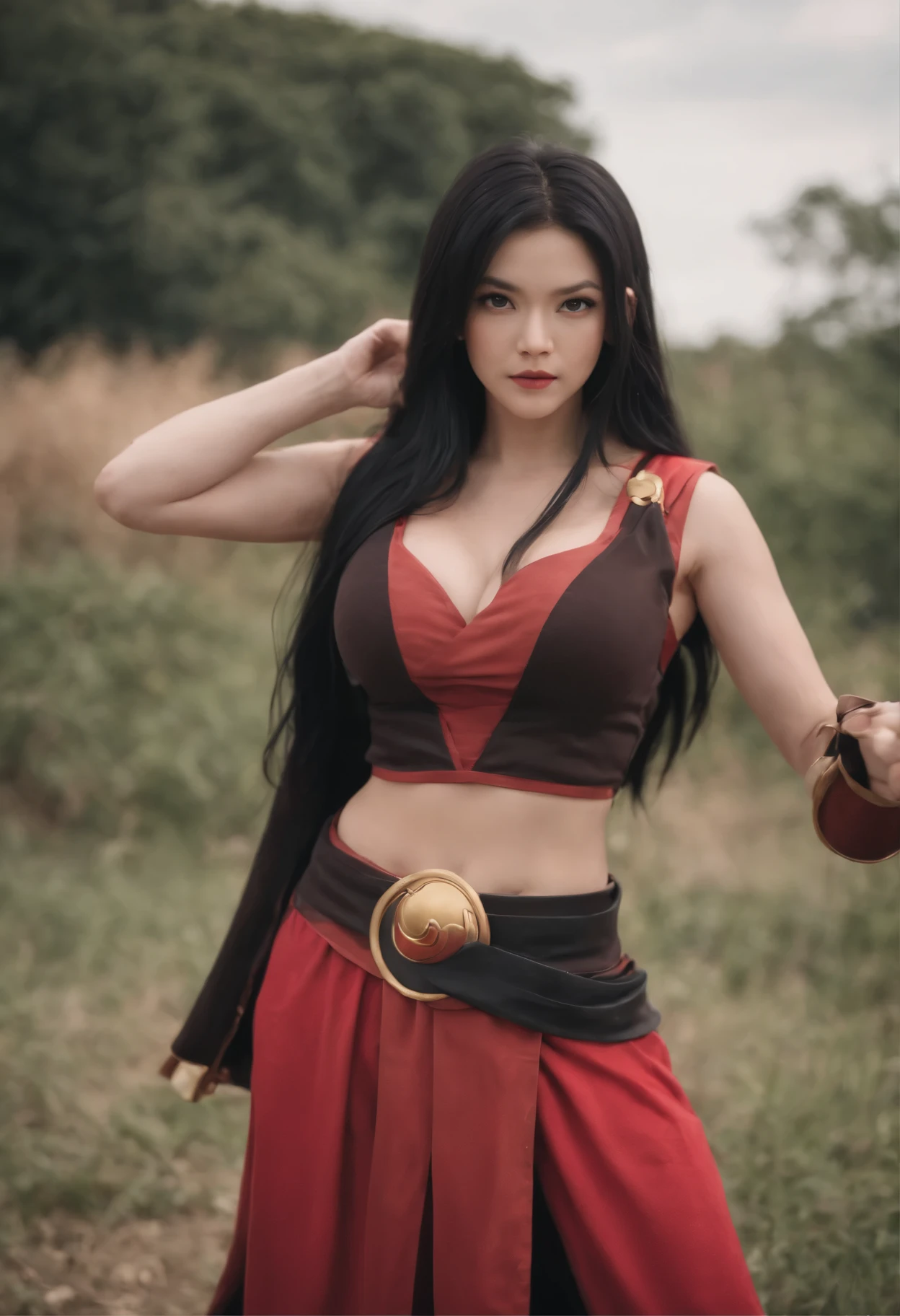 Bewitching 25 year old woman，long black hair，big breasts，Son Goku Cosplay，Red and black armor，hold a nyoibō